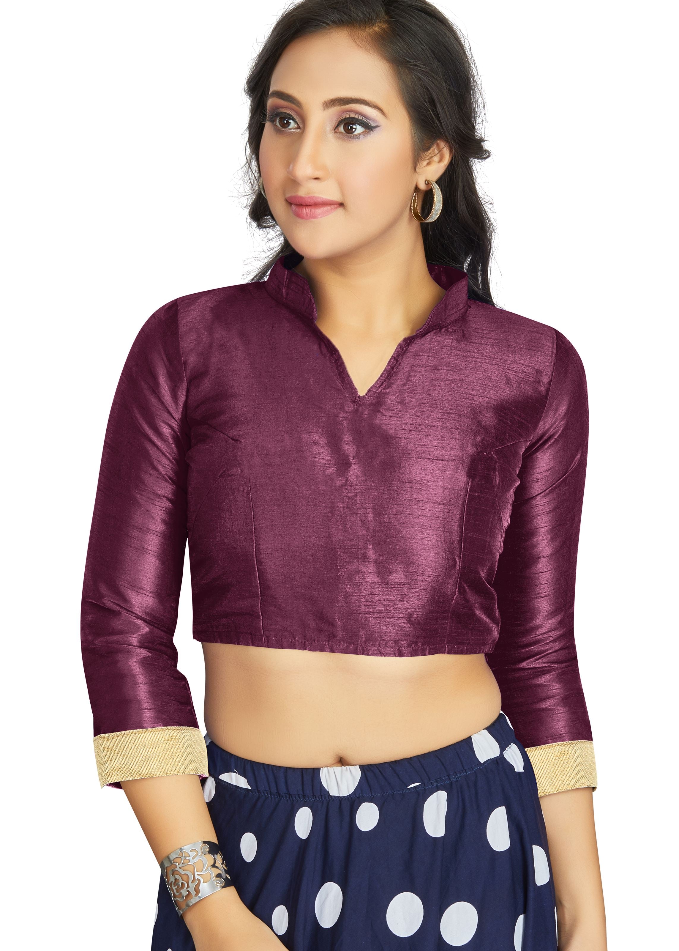 Dark Purple Art Silk V Neck Chinese Collar Blouse With Matty In Sleeve