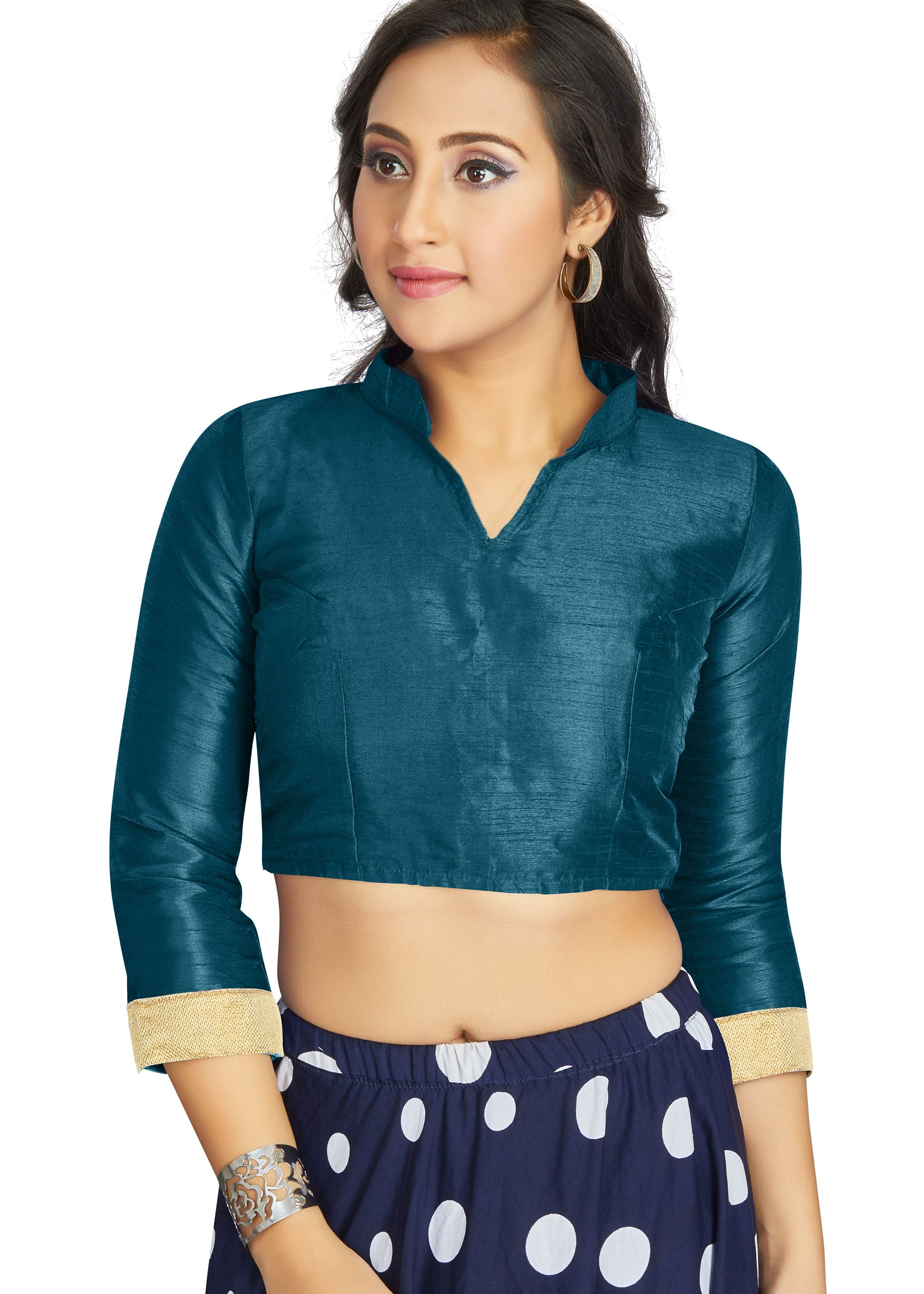 Dark Sky Art Silk V Neck Chinese Collar Blouse With Matty In Sleeve