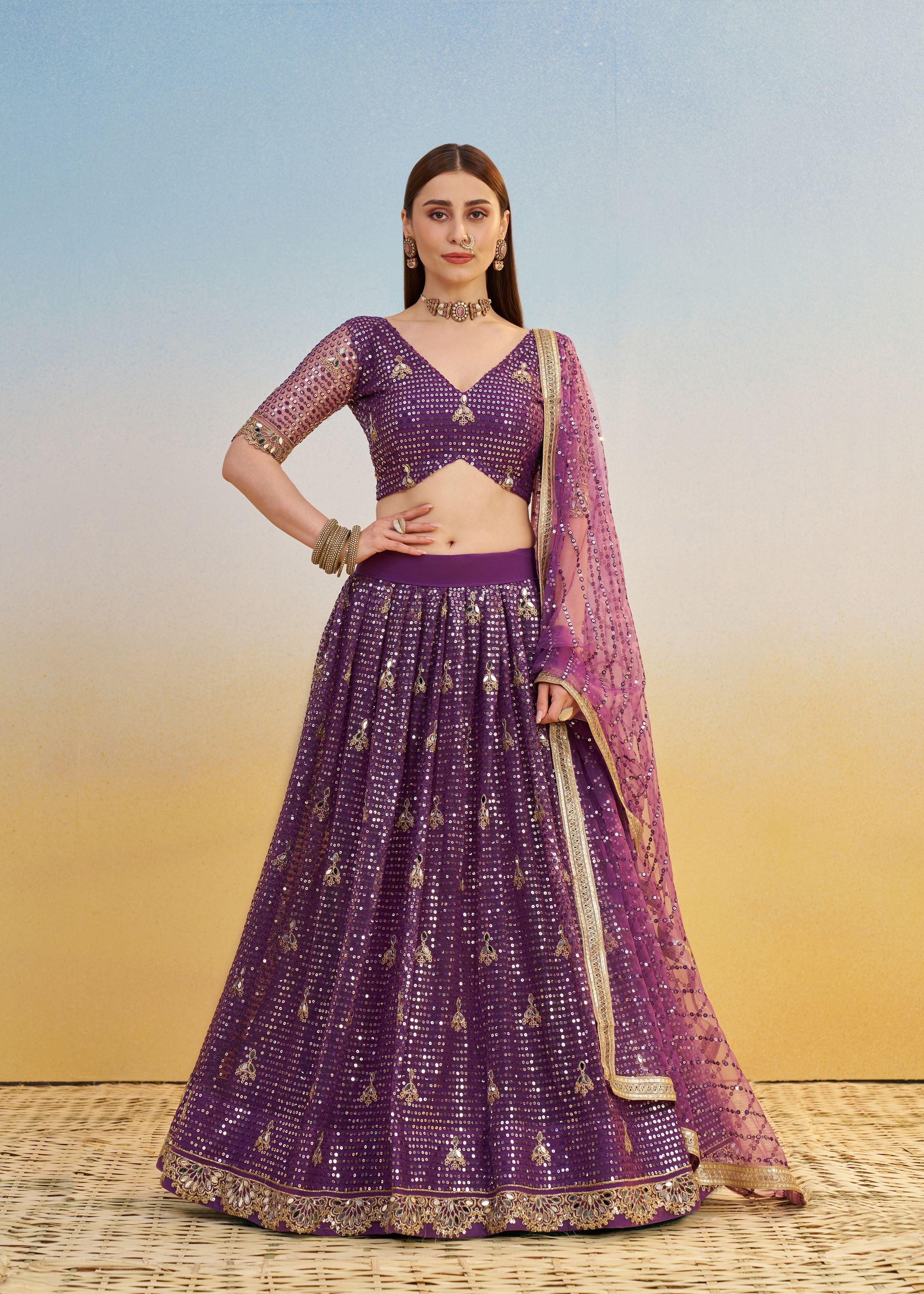 Dark Purple Lehenga Choli With Tone To Tone Thread Work Zari Work and Sequence Work Embroidery With Readymade Fancy Lace