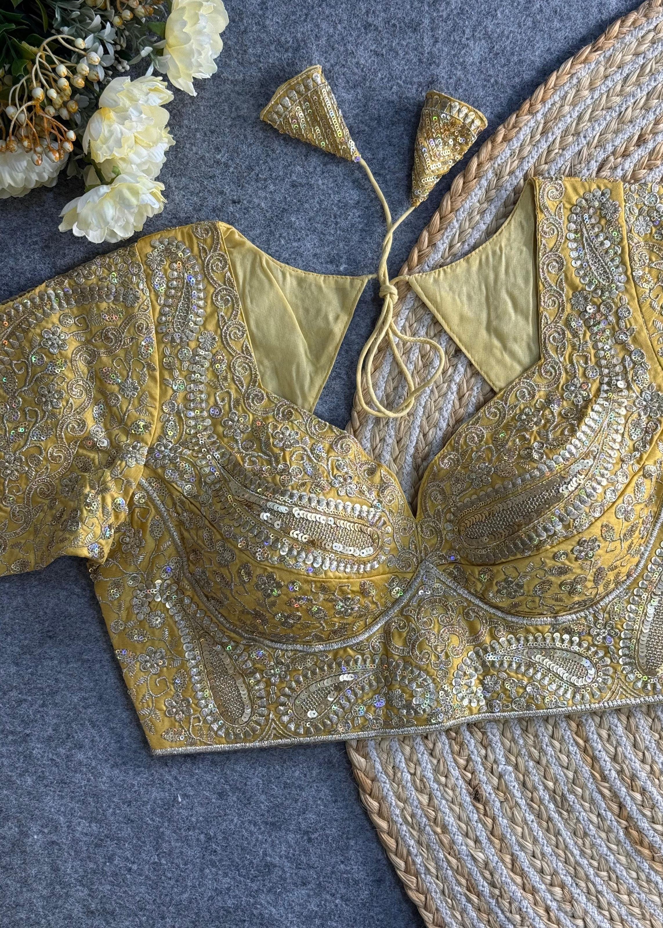 Golden Bridal Blouse with Deep V Neck & Heavy Paisley Embroidery