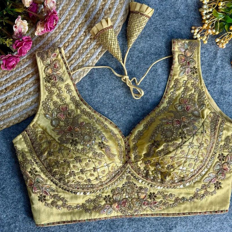 Golden  Elegant Bridal Sabyasachi Blouse with Heavy Work -12"Sleeves Attached