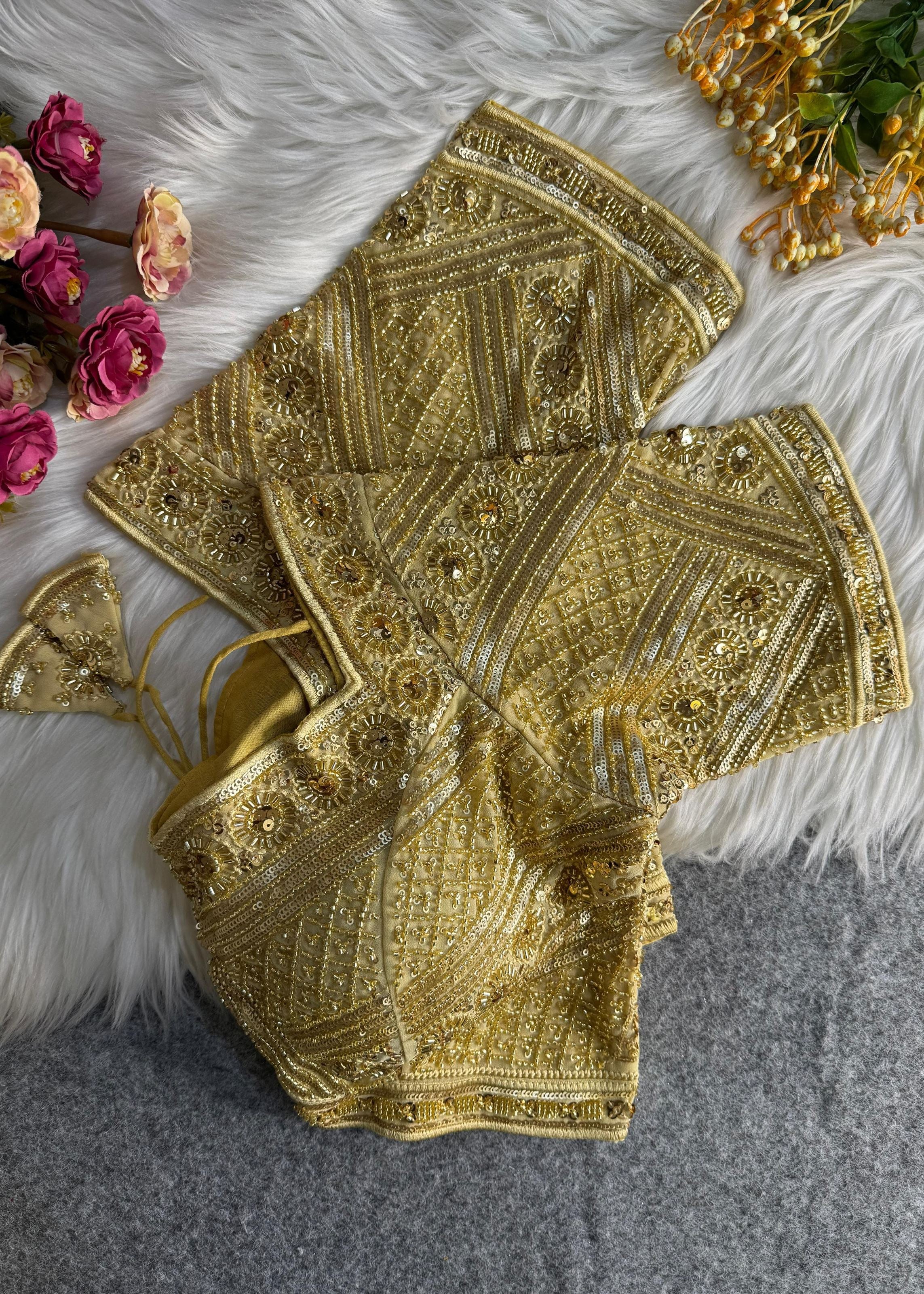 Golden Handcrafted Royal Saree Blouse with Zari & Mirror Work