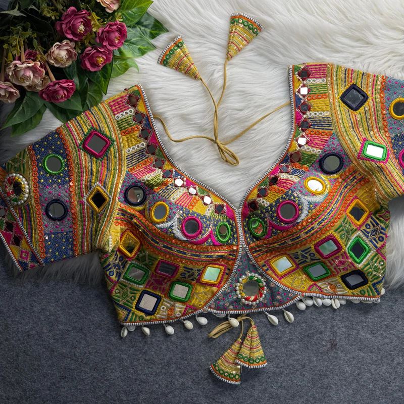 Golden  Navratri Blouse With Real Muliti Mirror  Kodi Work