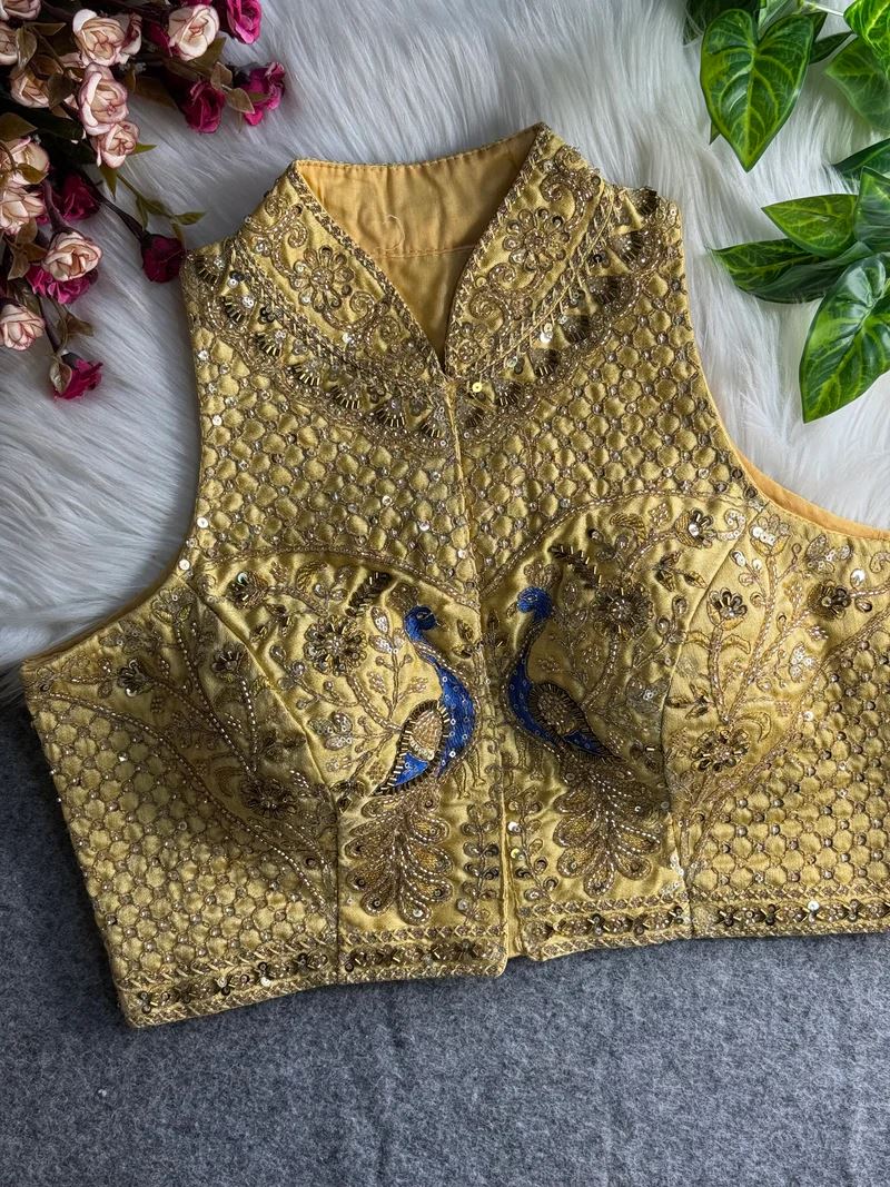Golden Peacock Embroidered Blouse with High Neck & Mirror Work