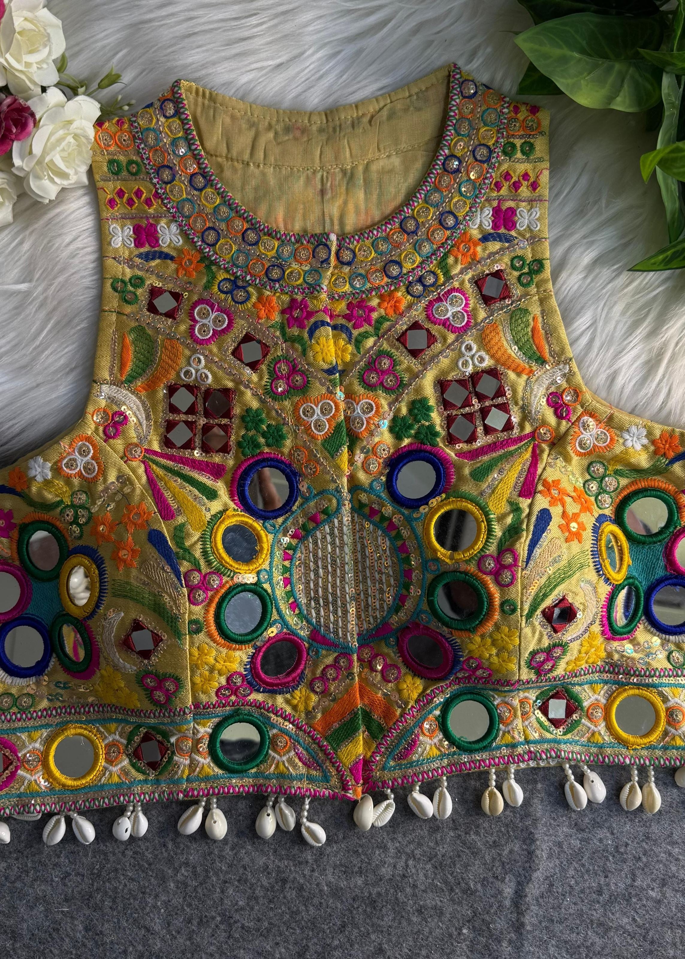 Golden Round Neck Navratri Blouse with Gamthi Mirror  Shell Work