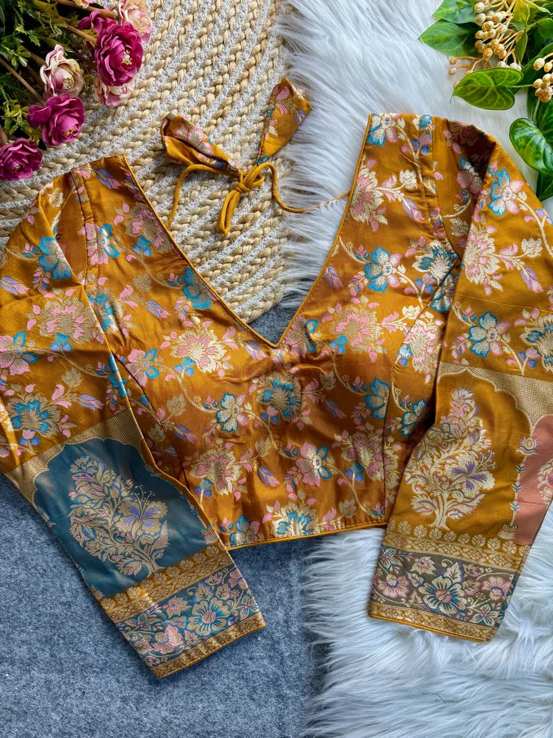 Golden Soft Dola Silk Blouse with Woven Motifs & Full Sleeves