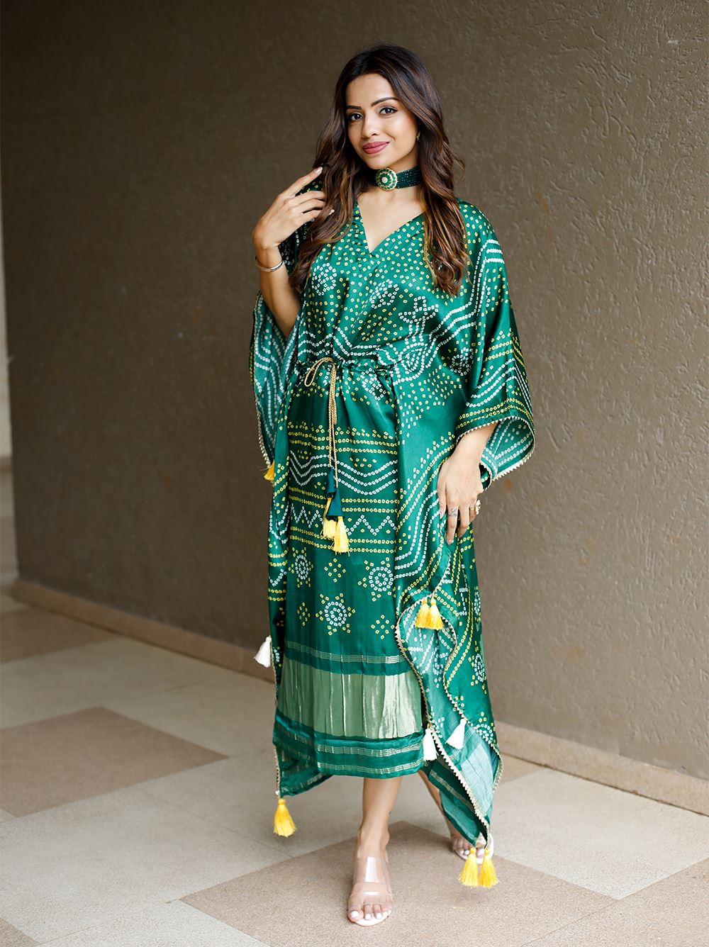 Green Color Pure Gaji Silk Kaftan with Gotta Patti  Tassels