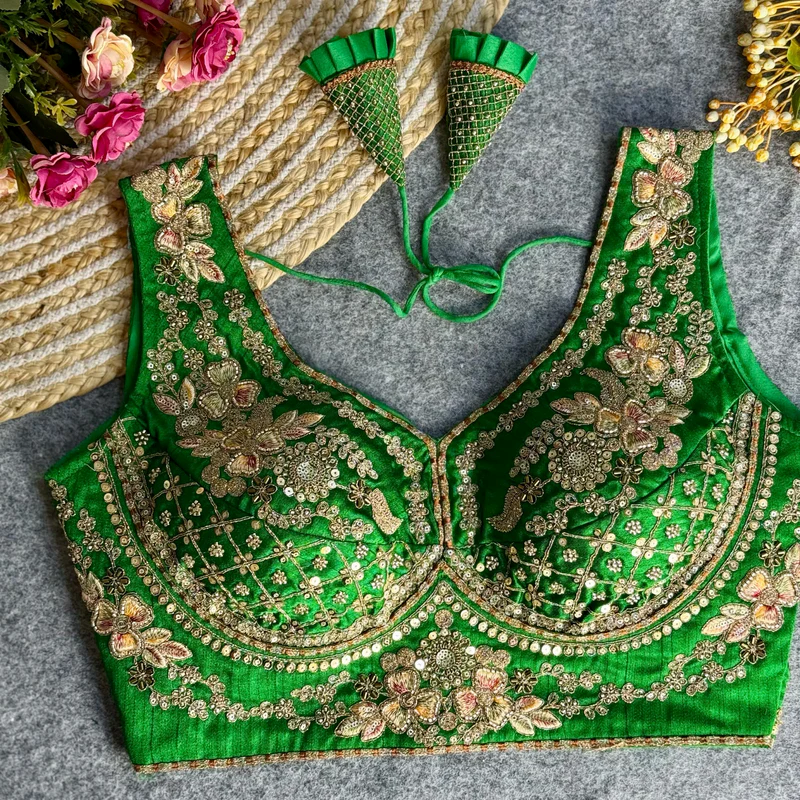 Green Elegant Bridal Sabyasachi Blouse with Heavy Work -12"Sleeves Attached