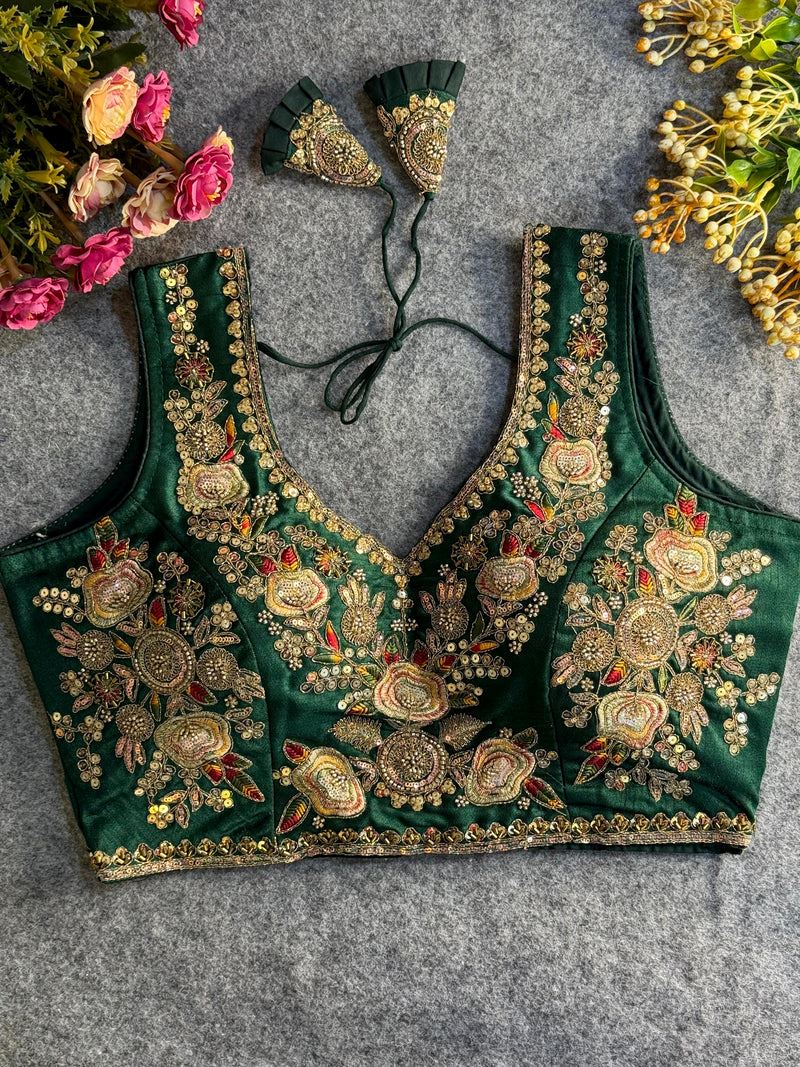 Green Embroidered Blouse with Gold Work & Sleeves attached