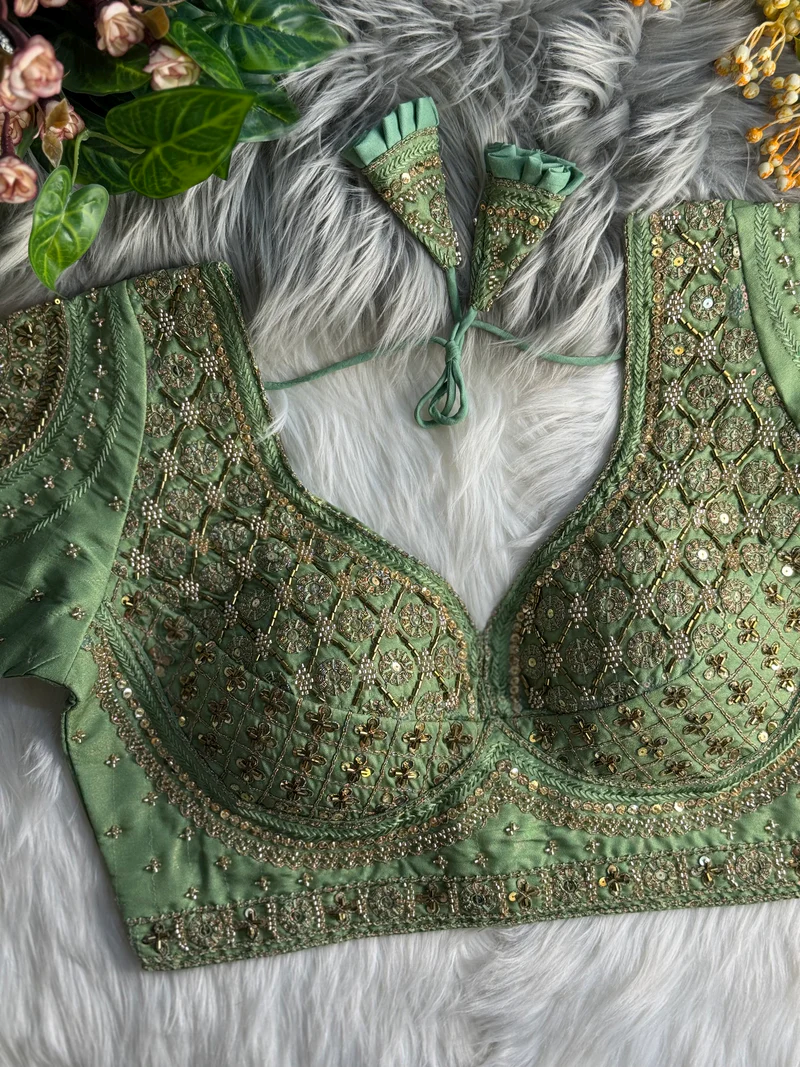 Green Embroidered Sweetheart Neck Blouse with Sequin Work & Scallop Cut