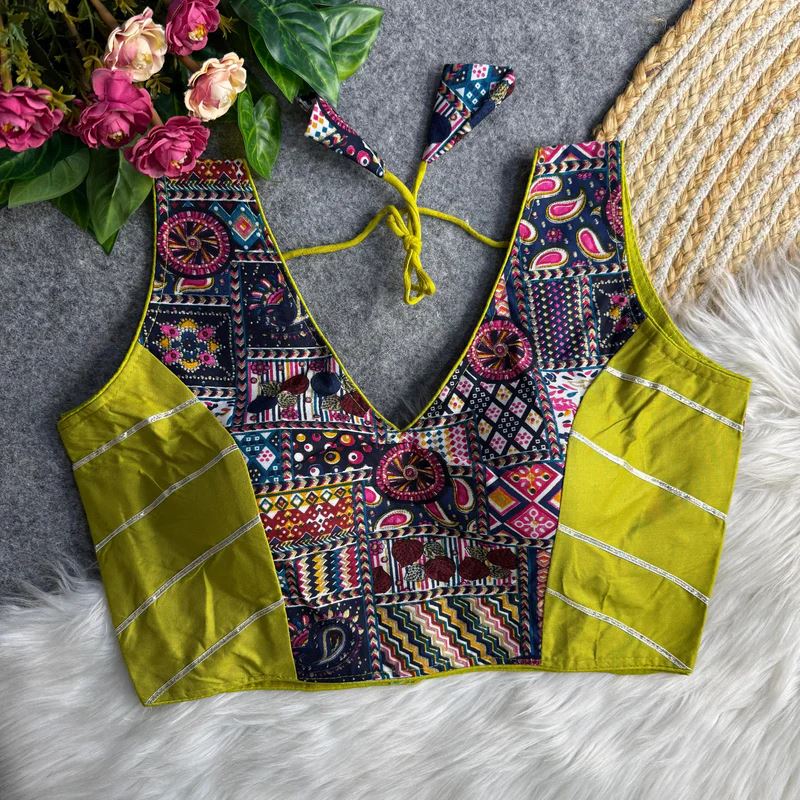 Green Ethnic Print Garba Blouse with Bold Contrast Look
