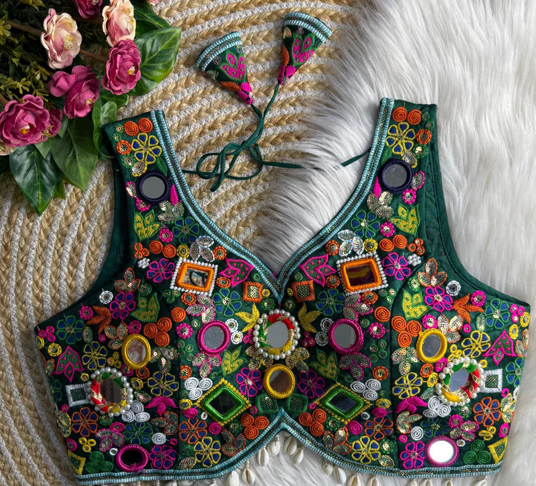 Green Fancy Design Apple Cut Blouse With Gamthi Lace  Real Multi Mirror Work