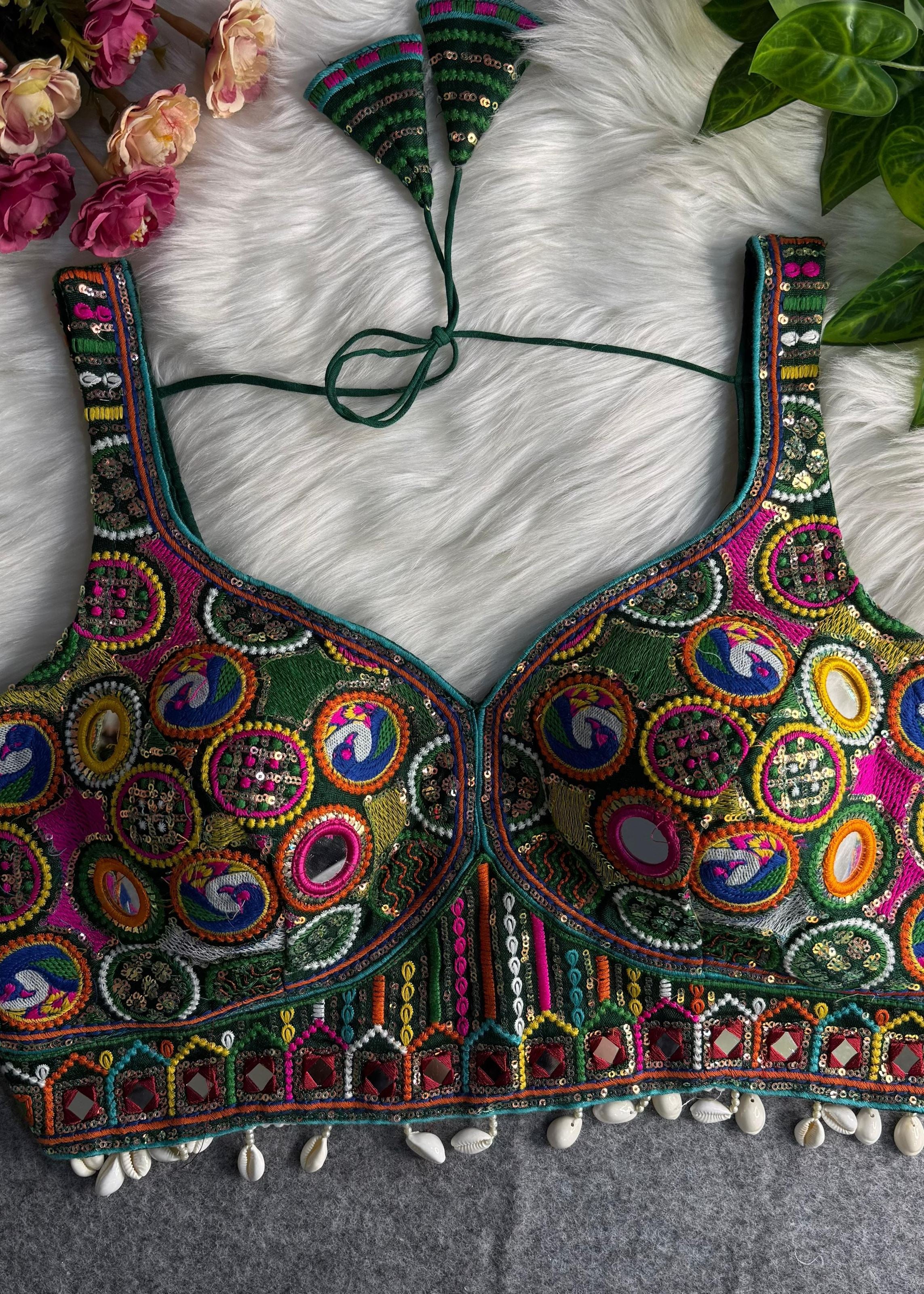 Green Gamthi Navratri Blouse with Mirror Work  Shell Tassels