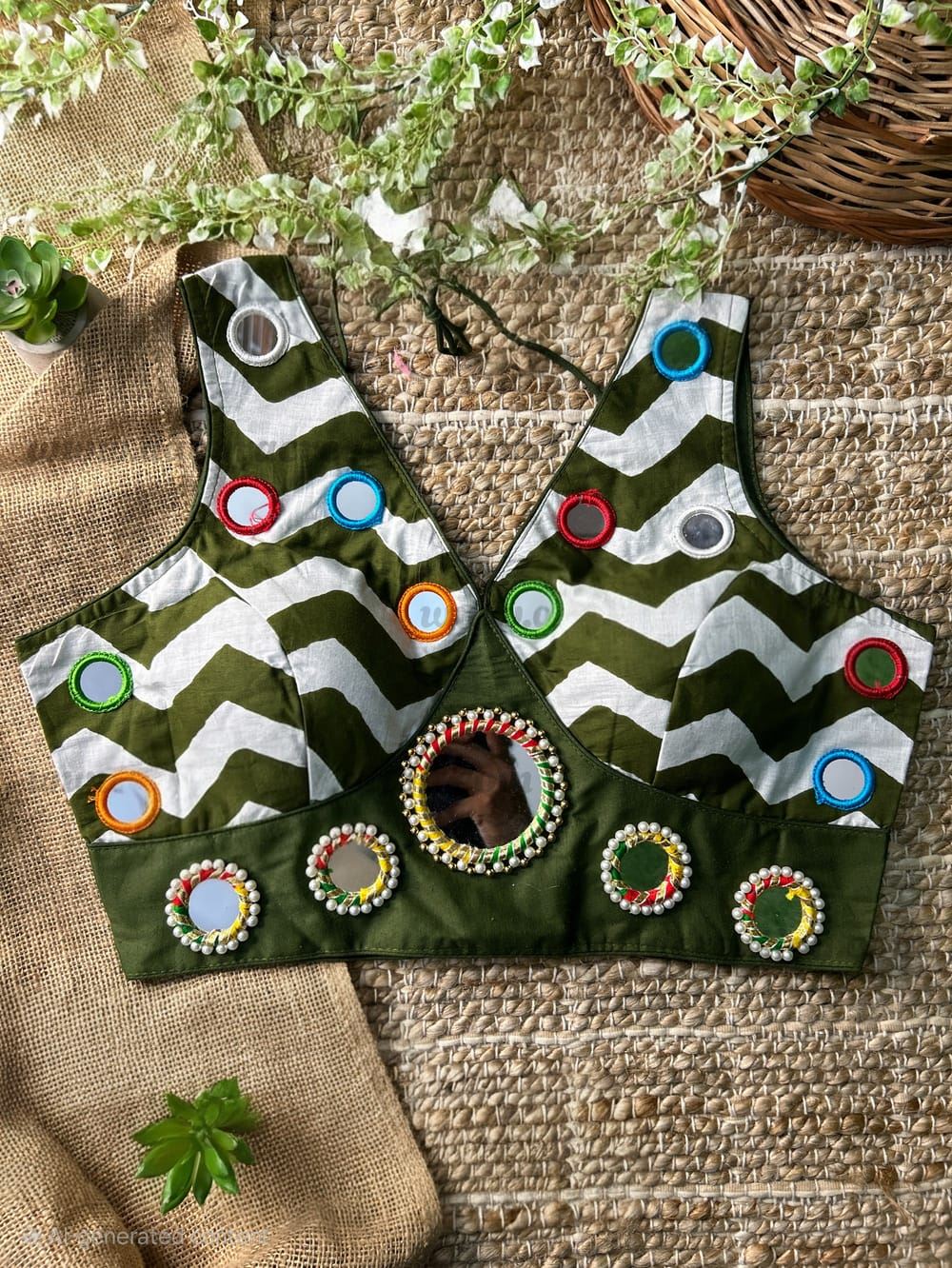 Green Garba Special Blouse with Real Mirror Work