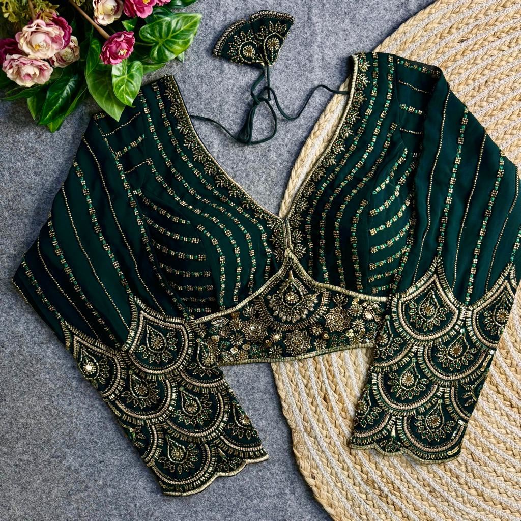 Green Georgette Blouse with Heavy Thread Embroidery  Sequins Work