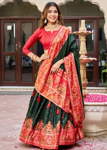 Green Lehenga Choli With  Bandhej And Ajrakh Print