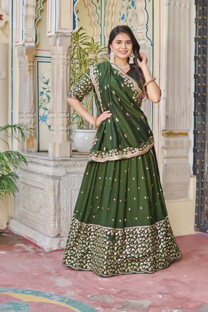 Green Lehenga Choli with Embroidery Rajwadi Work