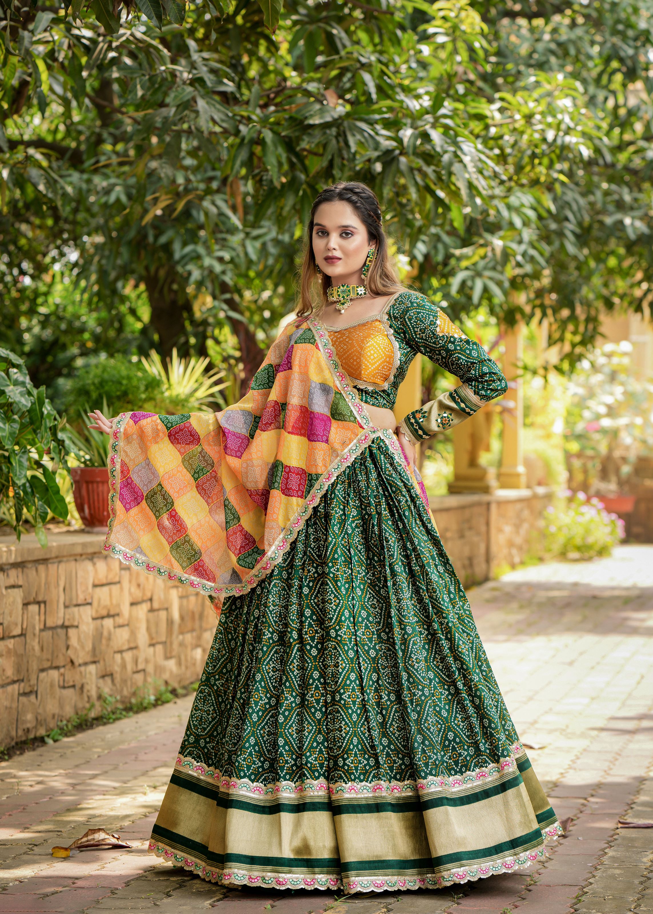 Green Lehenga Choli With Heavy Discharge Print Heavy Embroidery Thread  Sequins Work