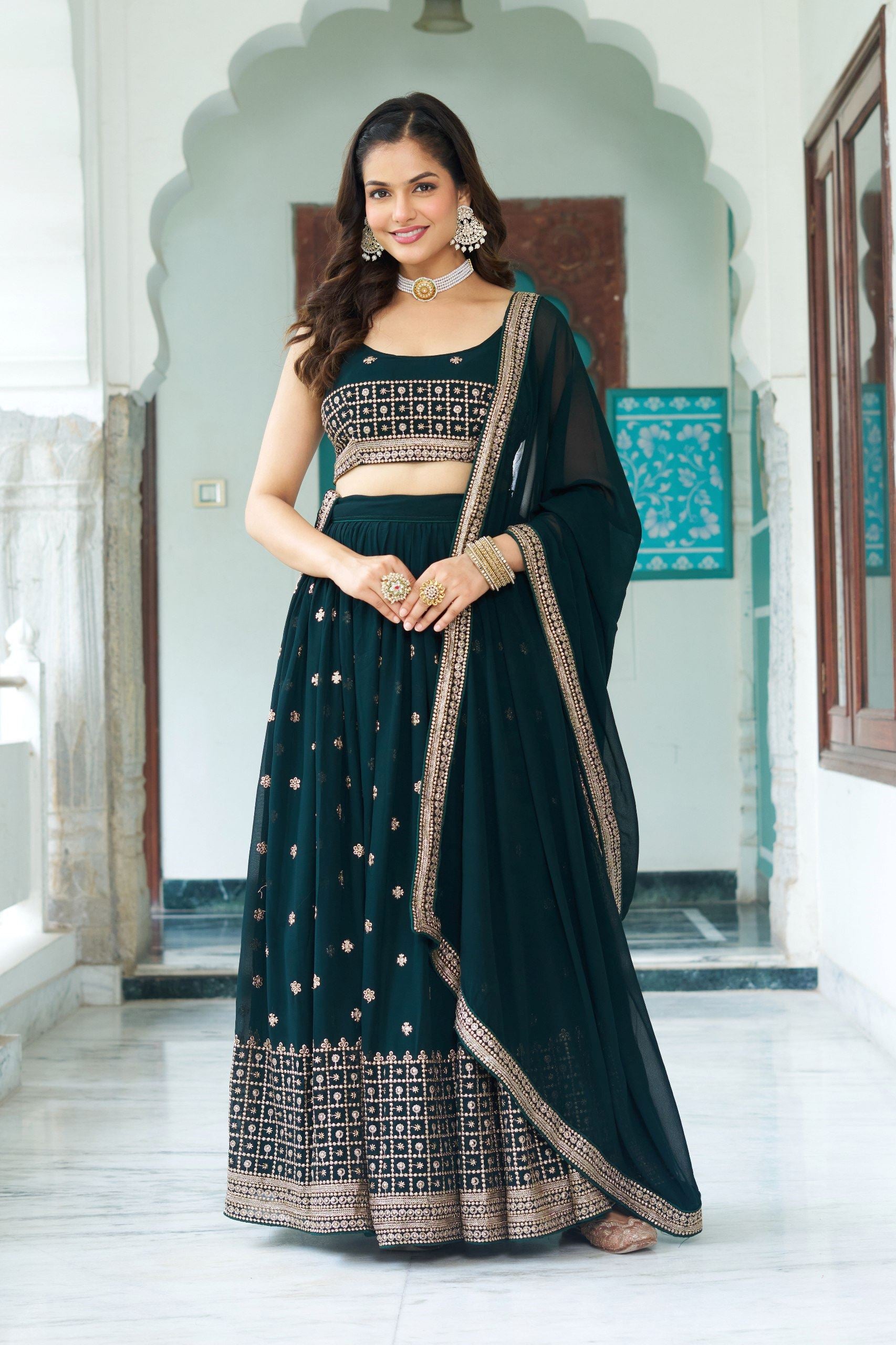 Green Lehenga Choli With Heavy Embroidery Withmulti Thread  Sequence Work