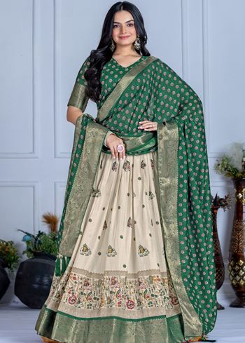 Green Lehenga Choli With Jacquard With Jari Lining With Print
