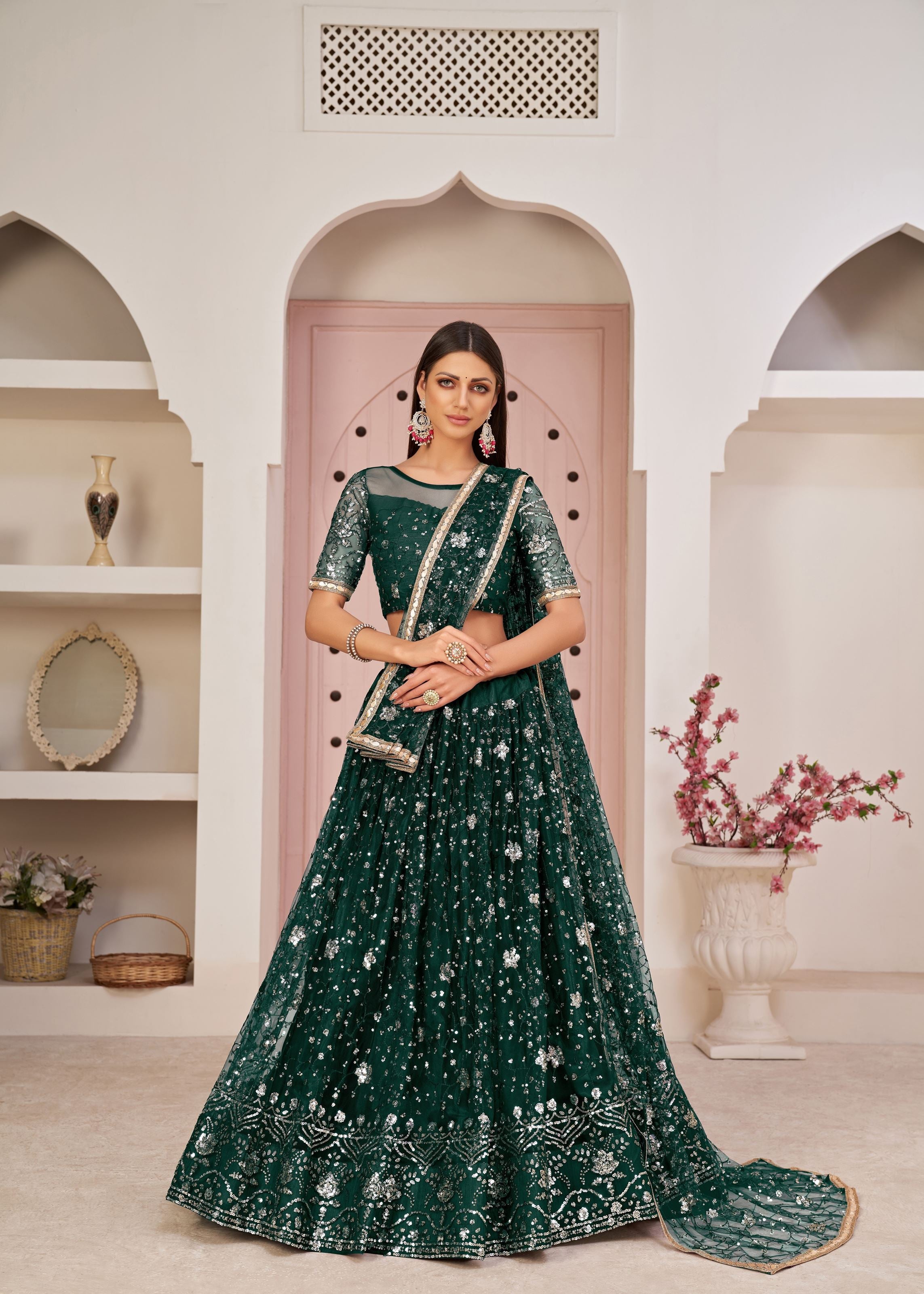 Green Net Lehenga Choli With Thread Embroidery Work