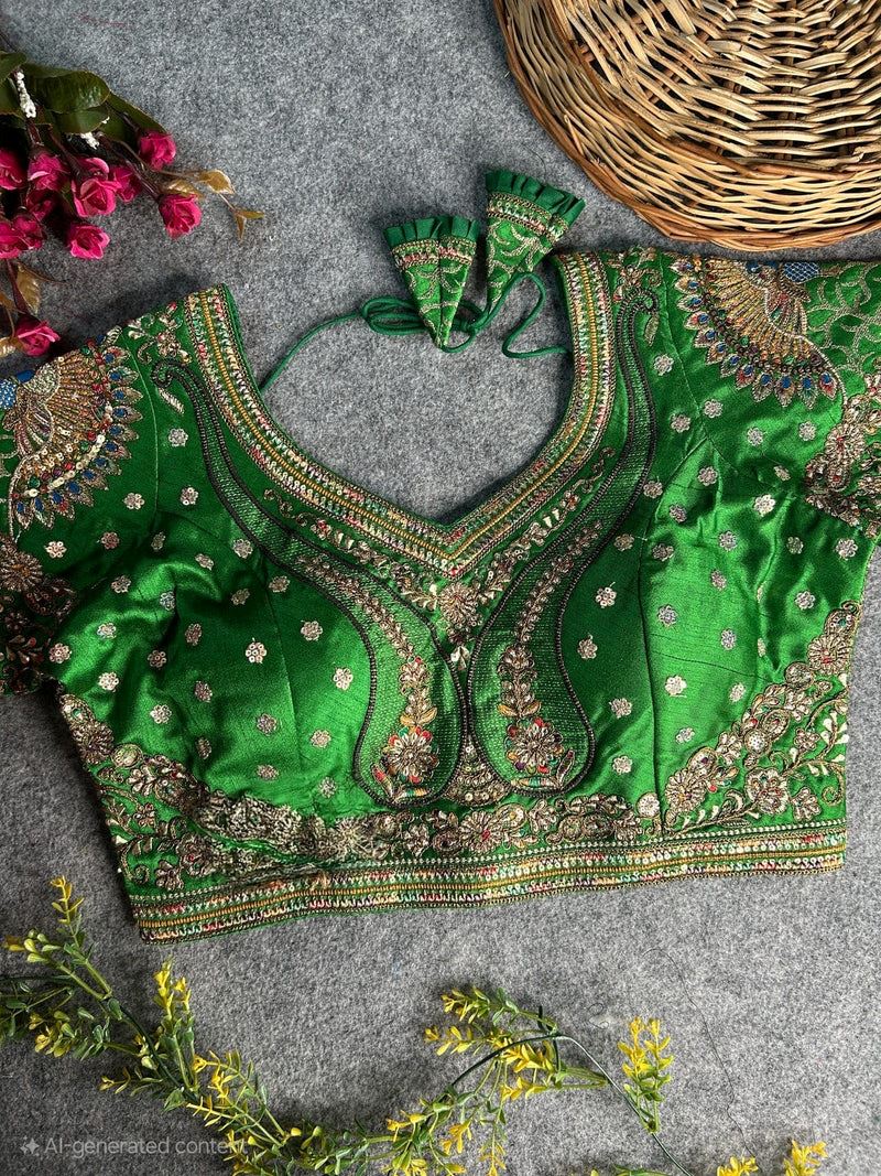 Green Peacock Embroidery Work Blouse – Heavy Work on Back & Sleeves
