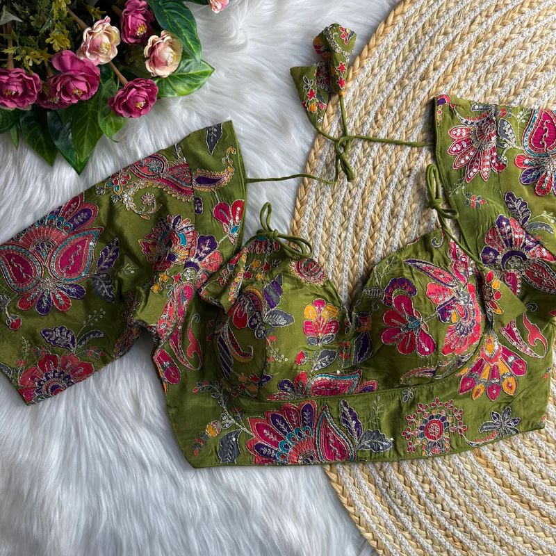 Green Position Print Masaba Blouse With Codding  Sequence Work