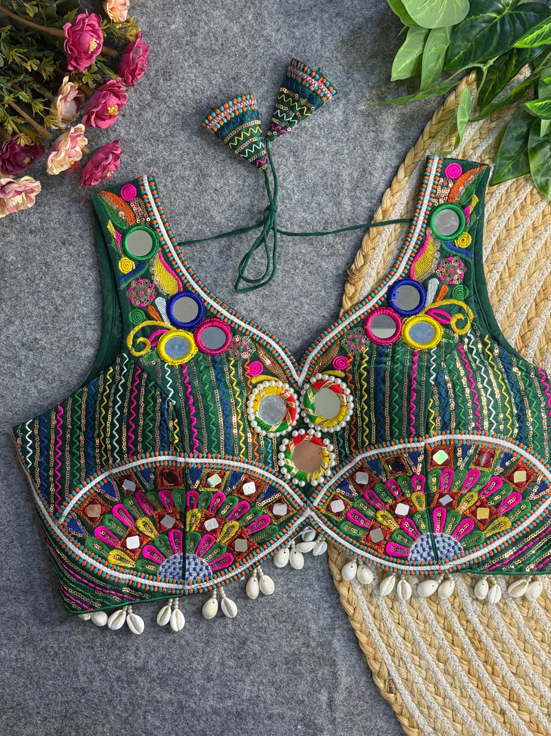 Green Real Handwork  Mirror Work Navratri Blouse