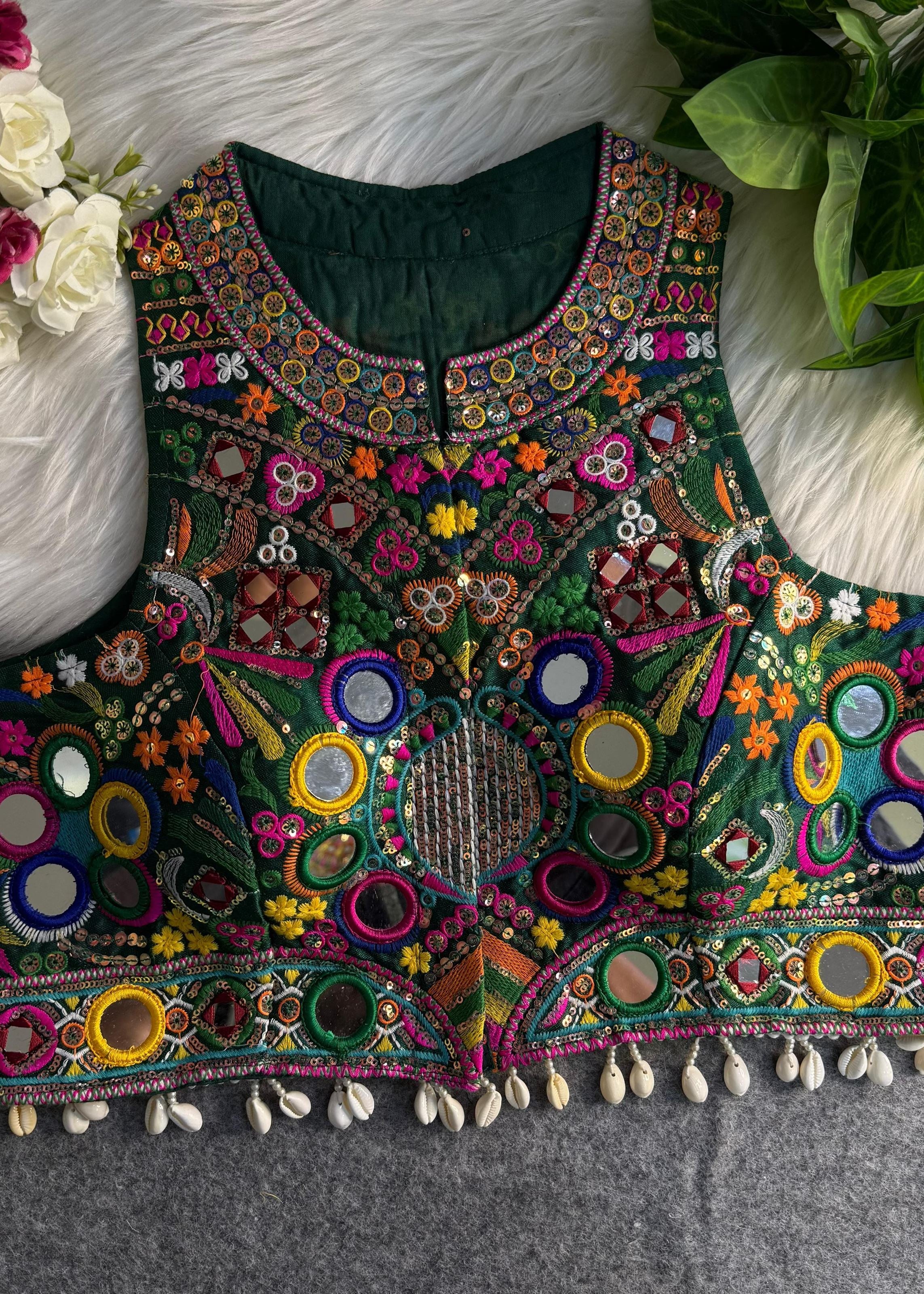 Green Round Neck Navratri Blouse with Gamthi Mirror  Shell Work