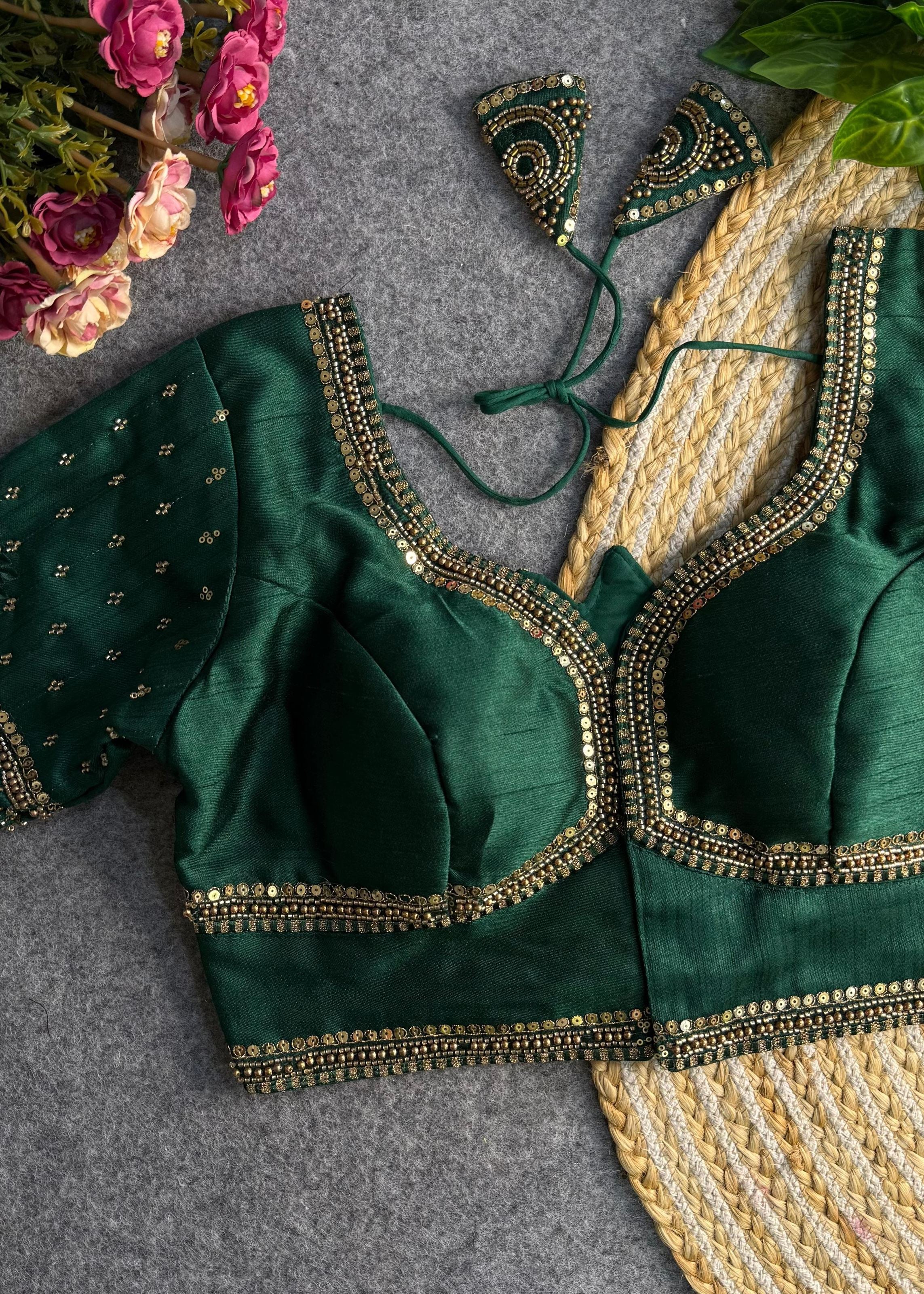 Green Sabyasachi-Inspired Heavy Bridal Blouse with Exquisite Lotus Beads Embroidery