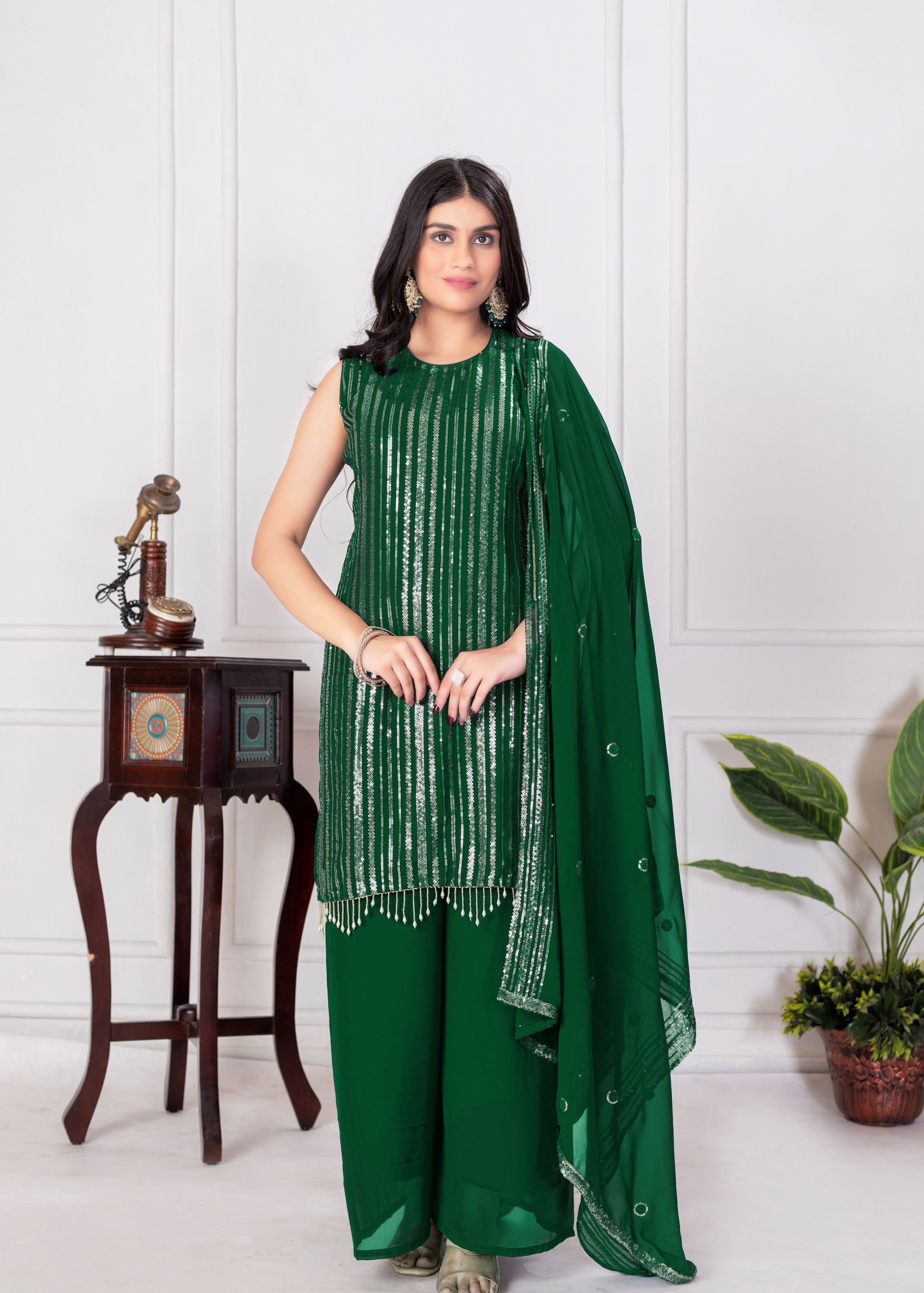 Green Sharara Dress With Sequence Embroidered