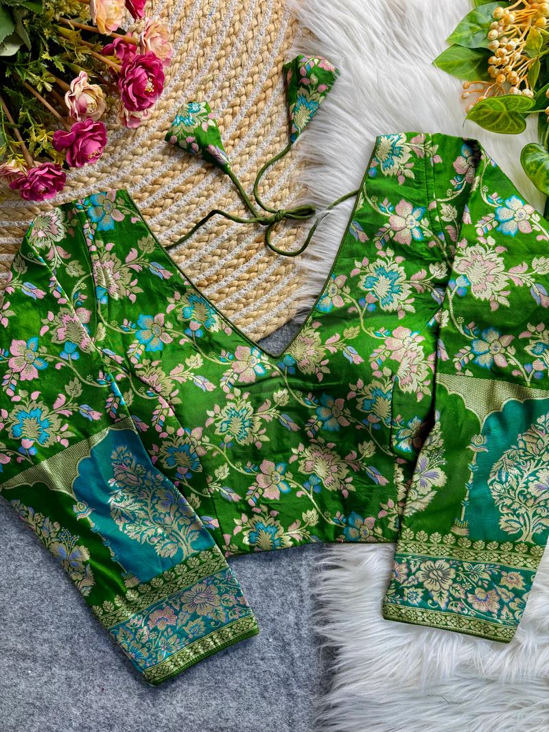 Green Soft Dola Silk Blouse with Woven Motifs & Full Sleeves