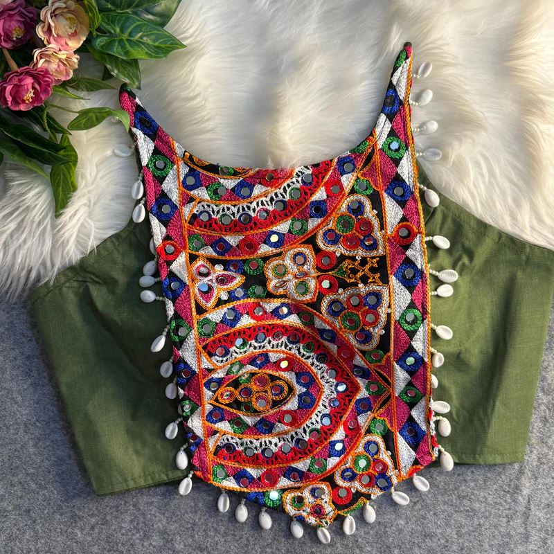 Green Spaghetti Blouse With Real Shell  Handwork