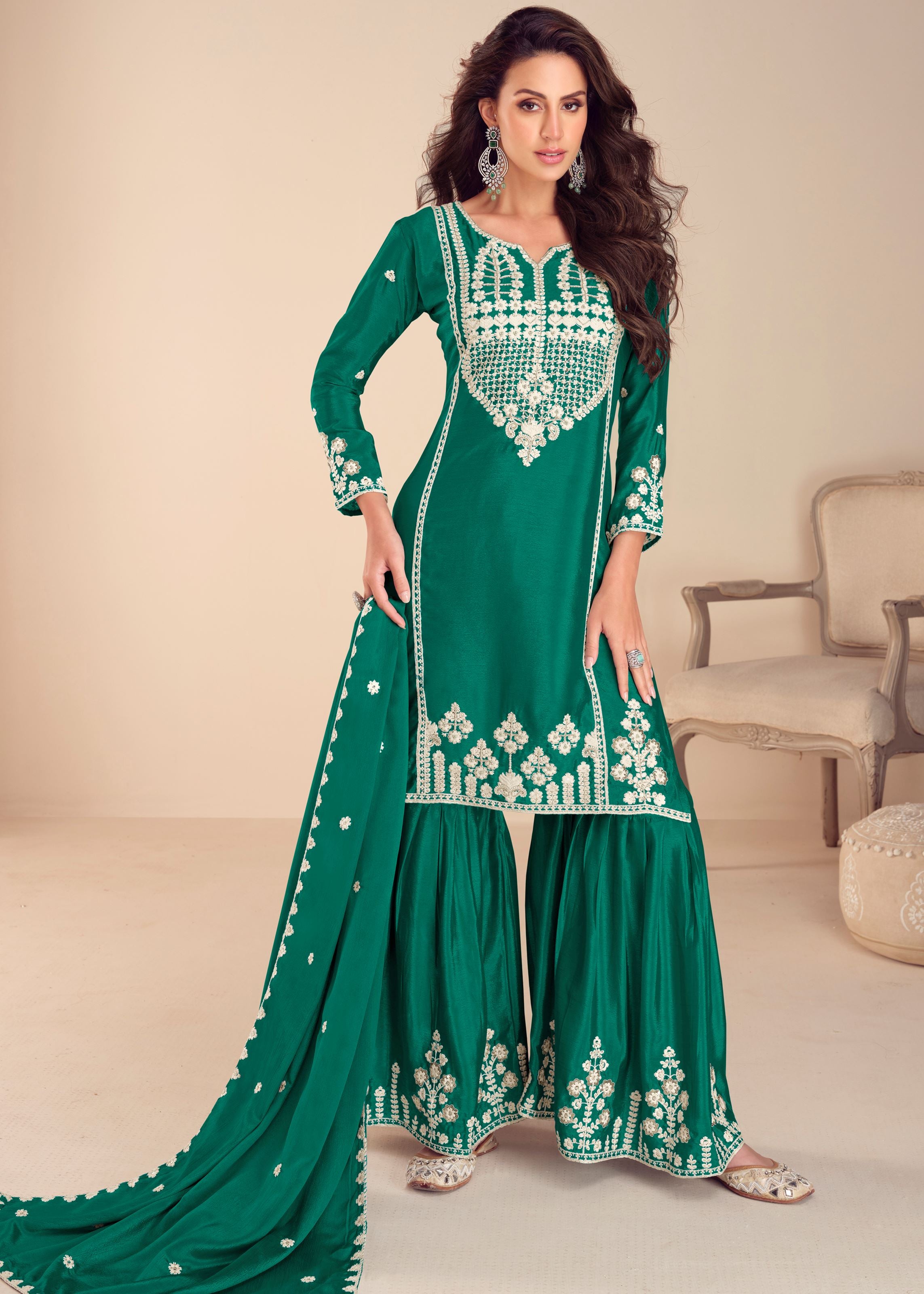 Green Top-Gharara With Embroidery, Khatli and Hand Moti Work (Free Size Stitched Upto 42)