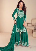 Green Top-Gharara With Embroidery, Khatli and Hand Moti Work (Free Size Stitched Upto 42)