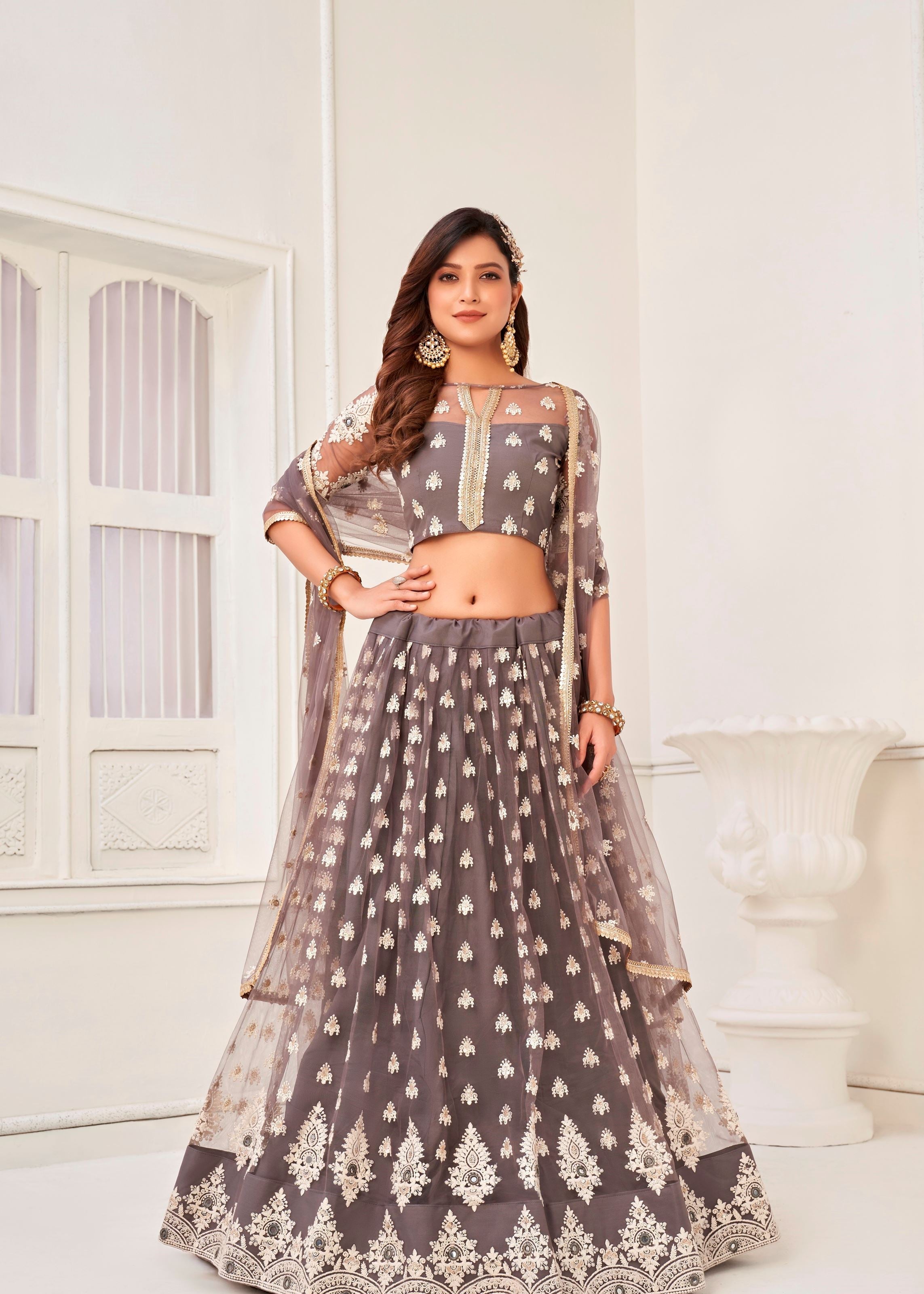 Grey Butterfly Net Lehenga Choli With Thread Embroidery And Sequins Work