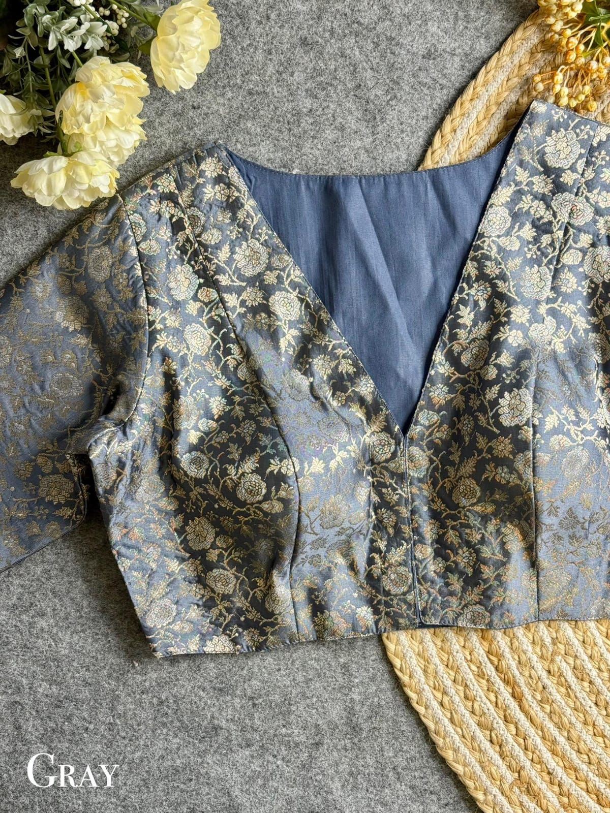 Grey Designer Blouse with V-Neck & Golden Brocade Floral Weave