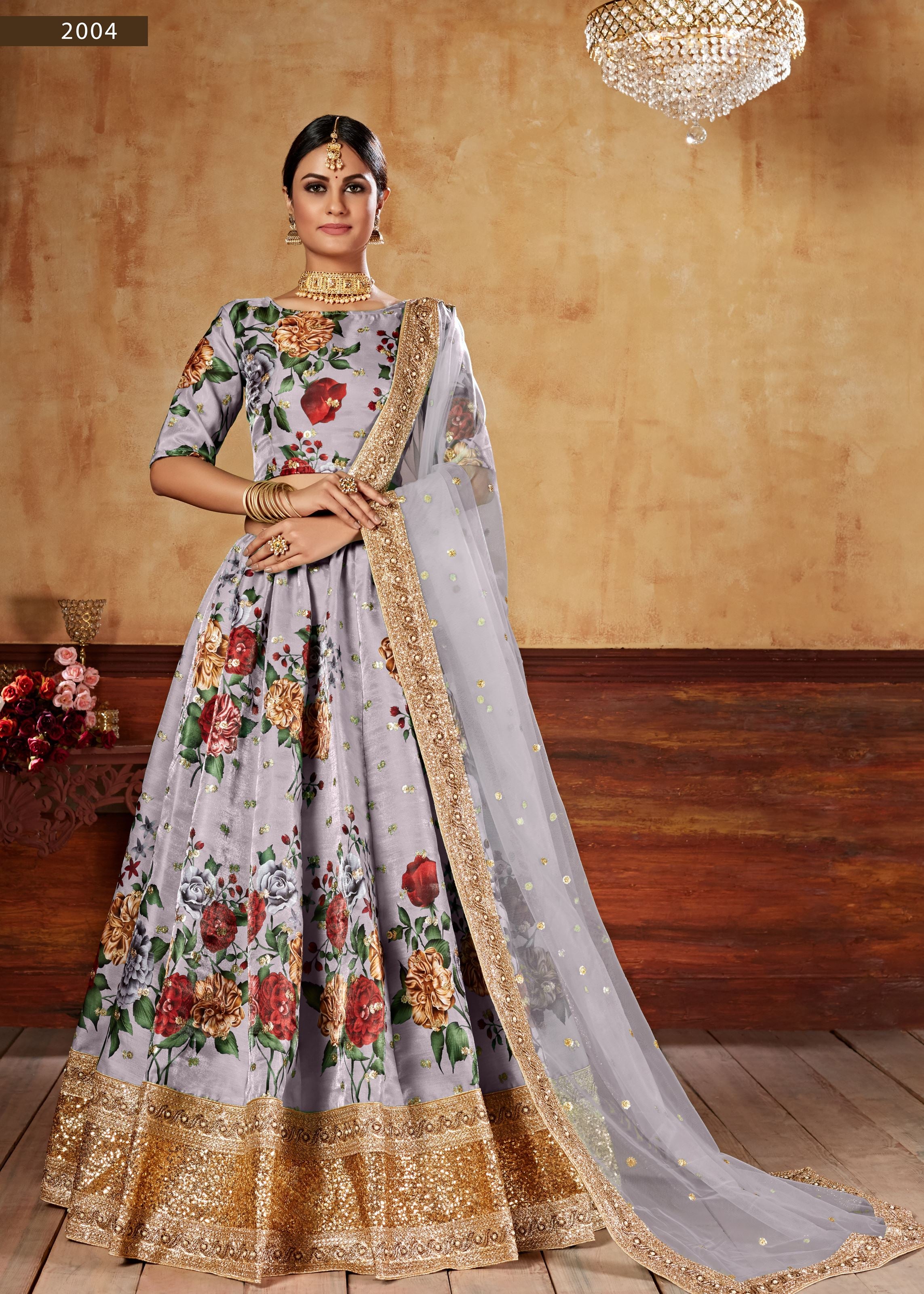 Grey Lehenga Choli With Digital Print And Dori With Jari Sequins Butti,Embroidered Border And Pearl Work