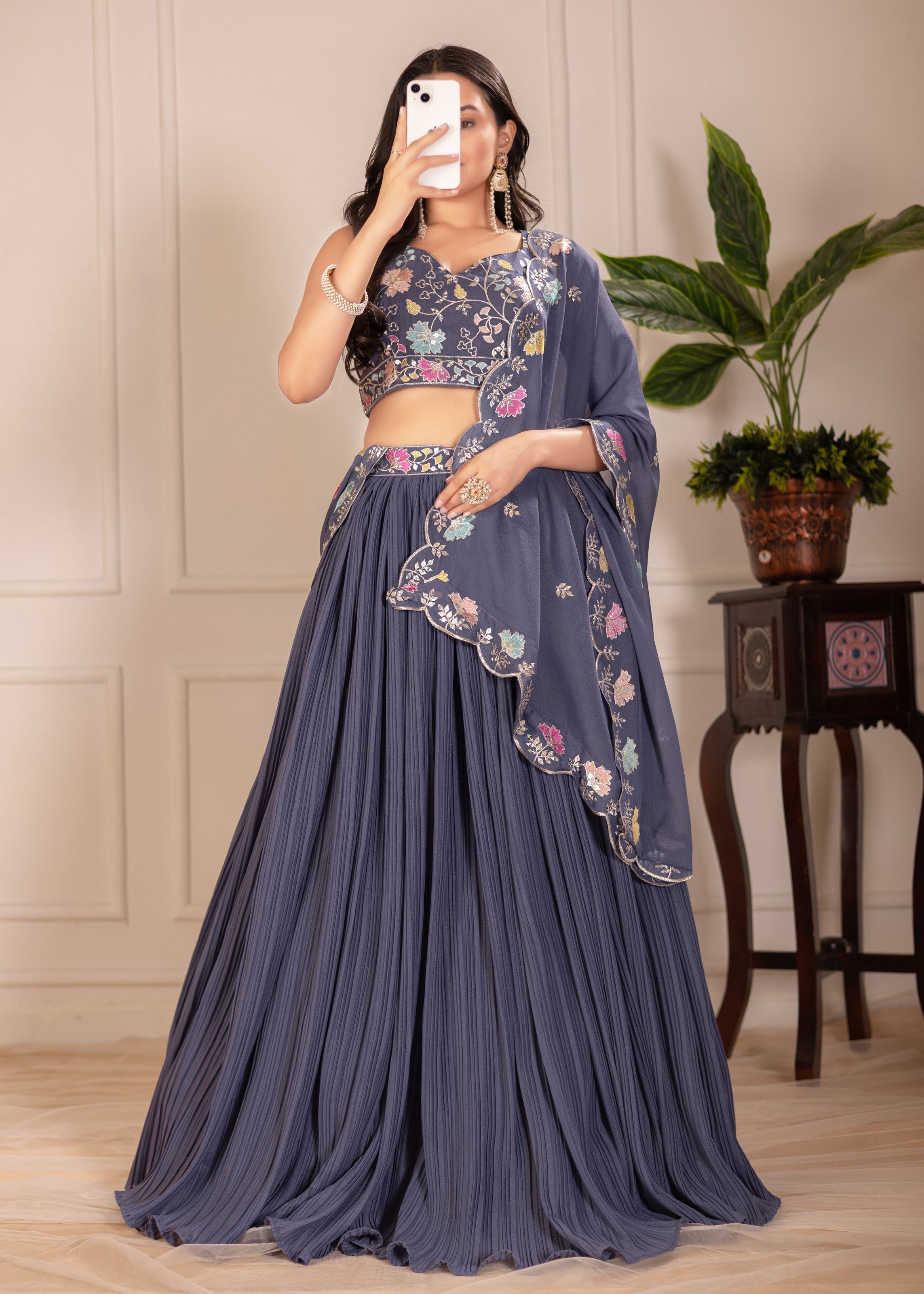 Grey Lehenga Choli With Embroidery With Multi Thread  Sequence Work