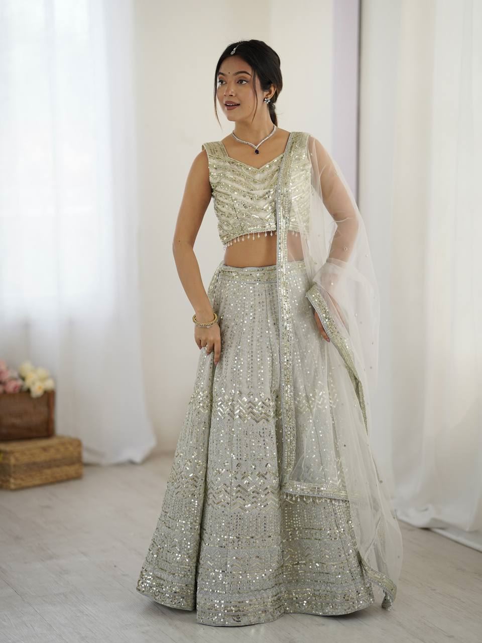 Grey Lehenga Choli With Sequins & Dori Work