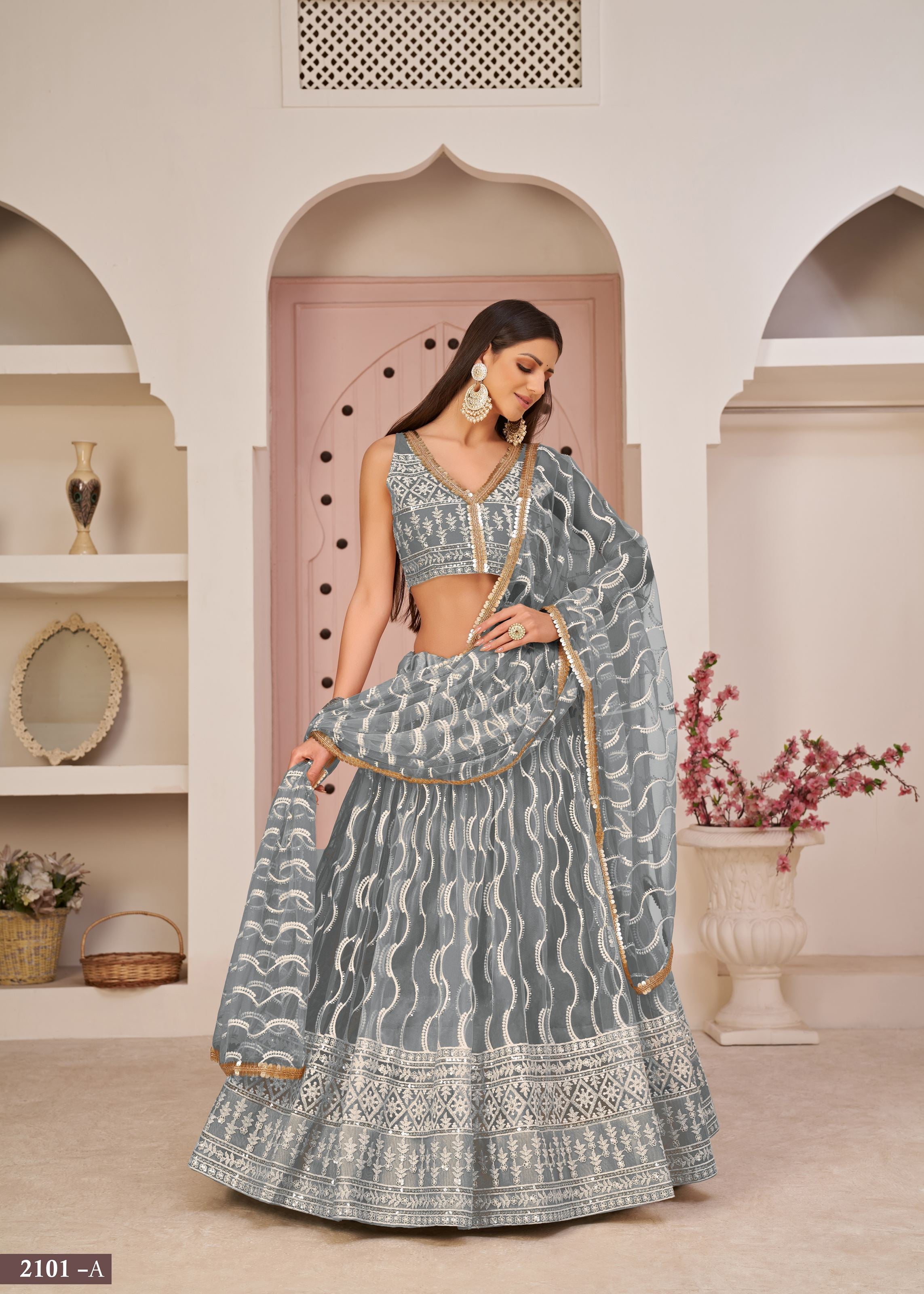 Grey Net Lehenga Choli With Thread Embroidery Work