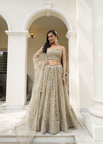 Ivory Butterfly Net Lehenga Choli With Designer Thread Work, Zari Work And Sequence Work Embroidery