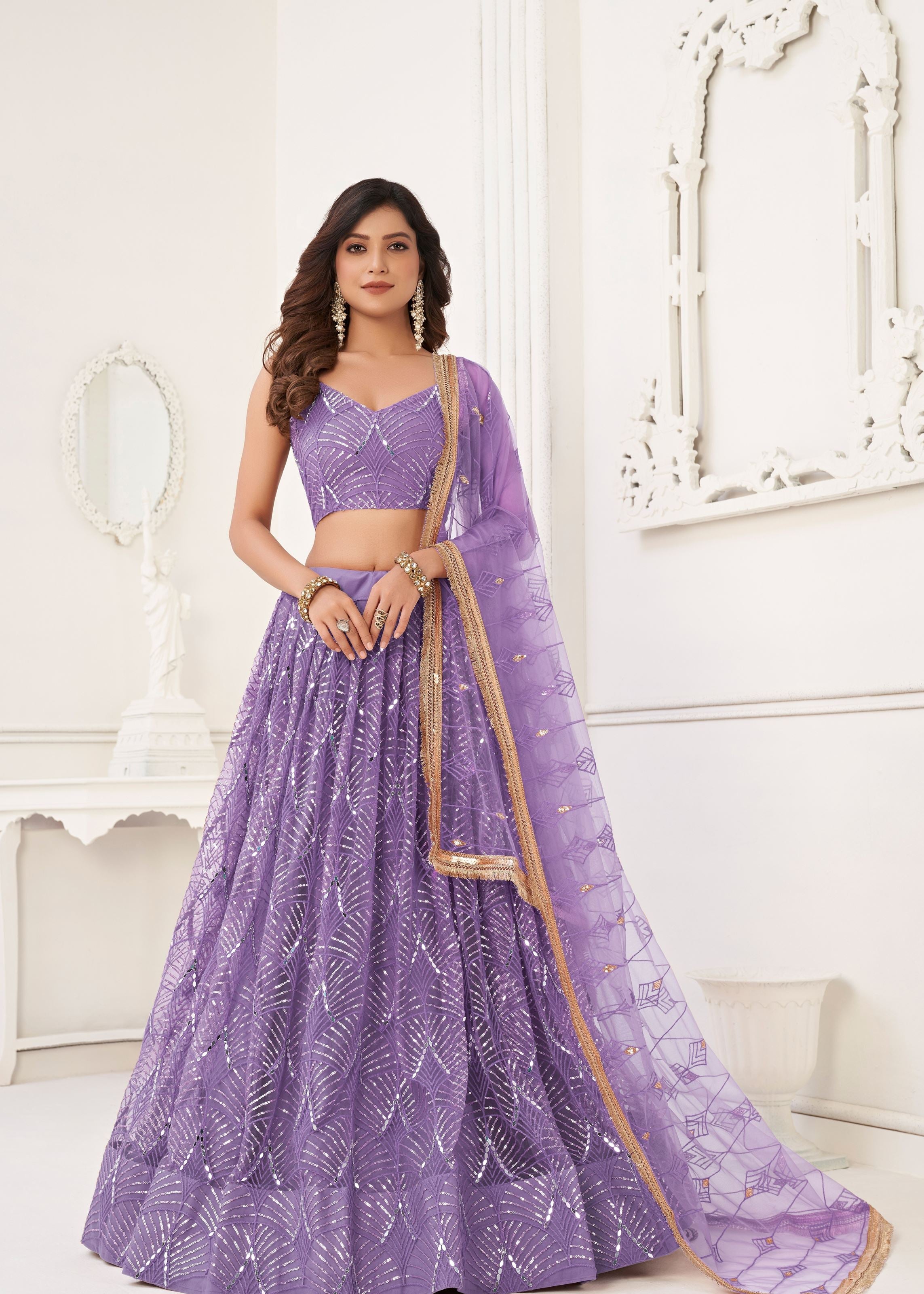 Lavender Net Lehenga Choli With Thread Embroidery Real Mirror Work