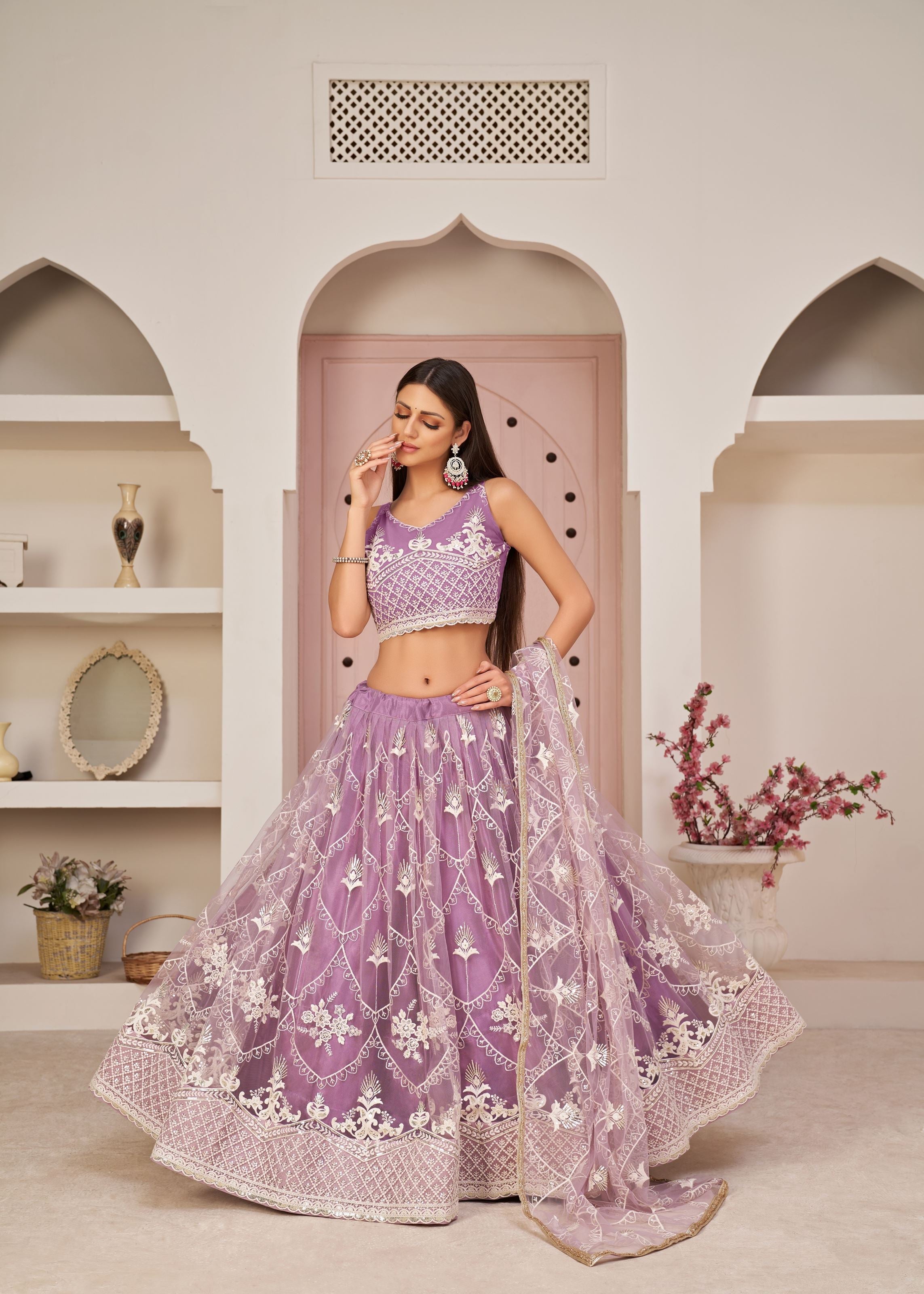 Lavender Net Lehenga Choli With Thread Embroidery Work
