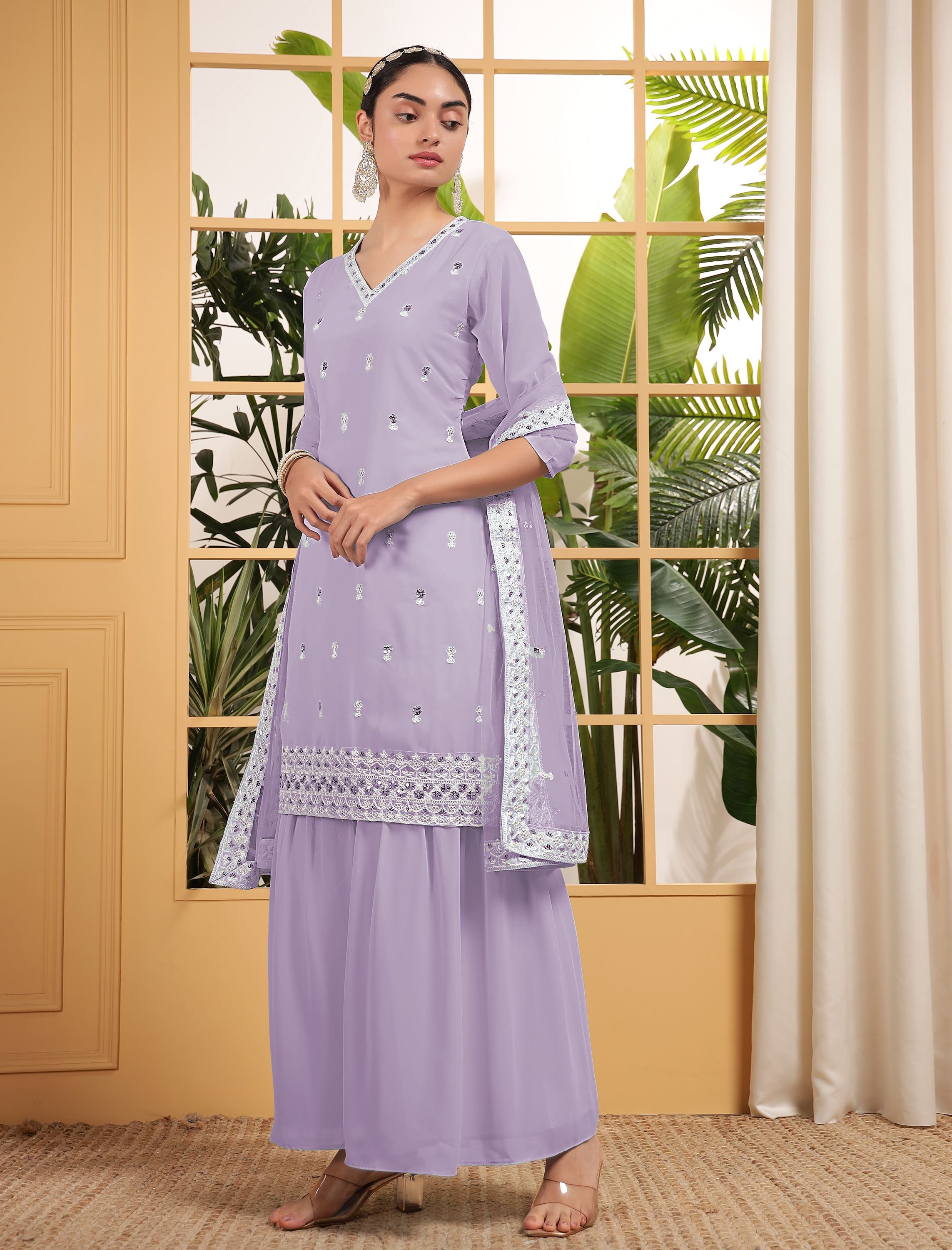 Lavender Sharara Dress With Sequence Embroidered