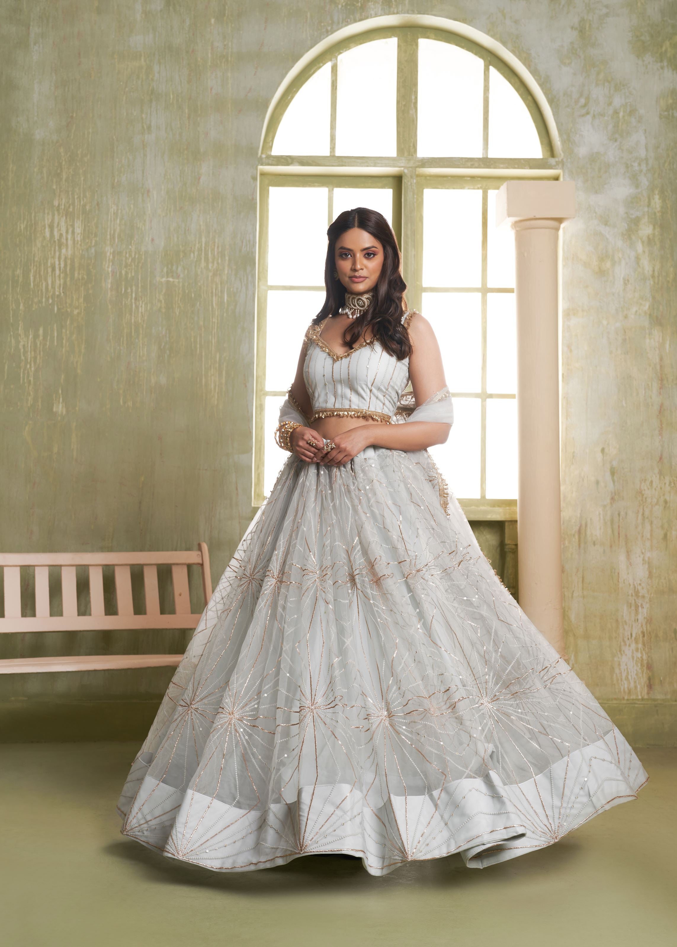 Light Grey Net Lehenga with Thread Zari  Sequence Detailing