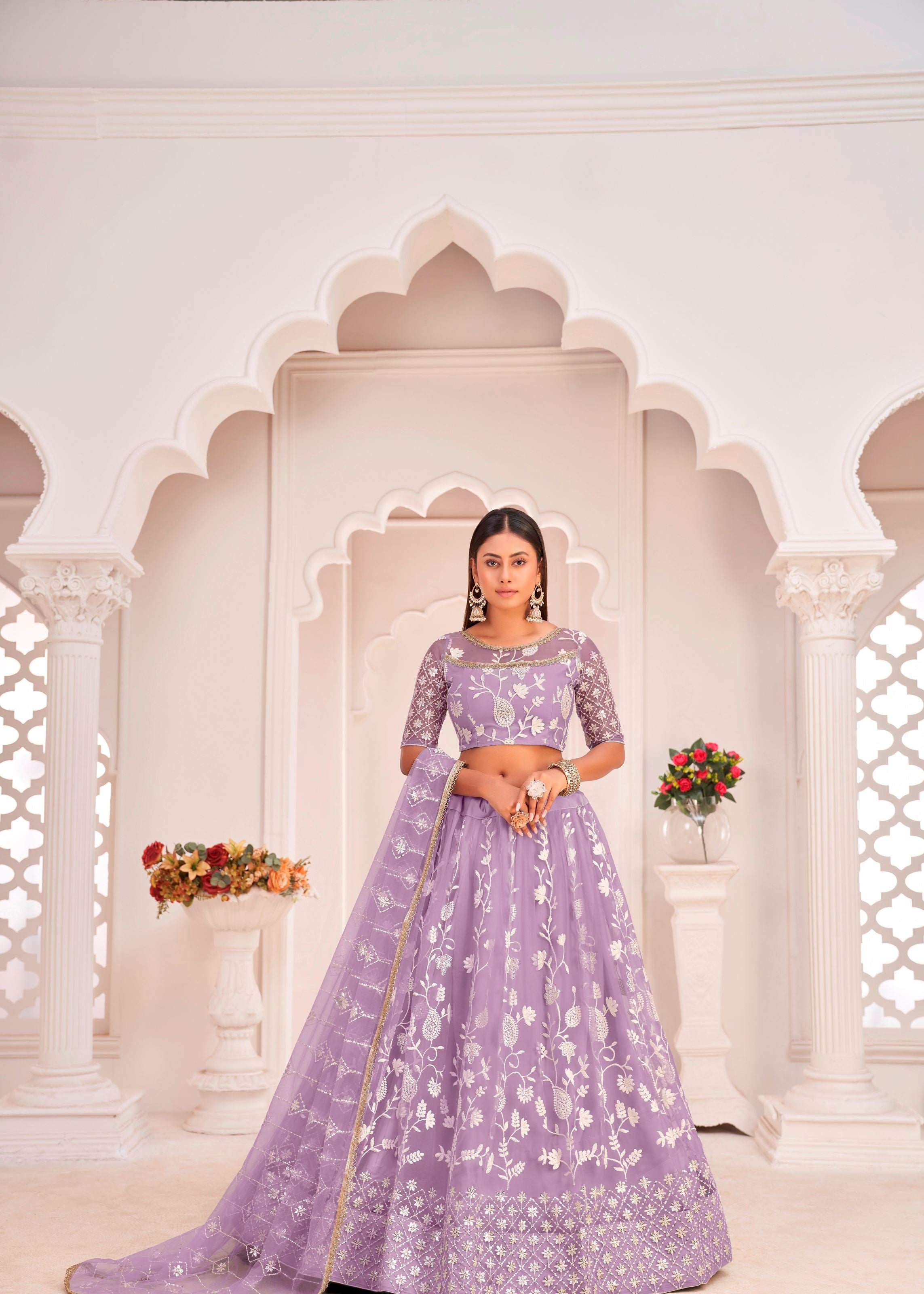 Lightpurple Butterfly Net Lehenga Choli With Thread Embroidery Work