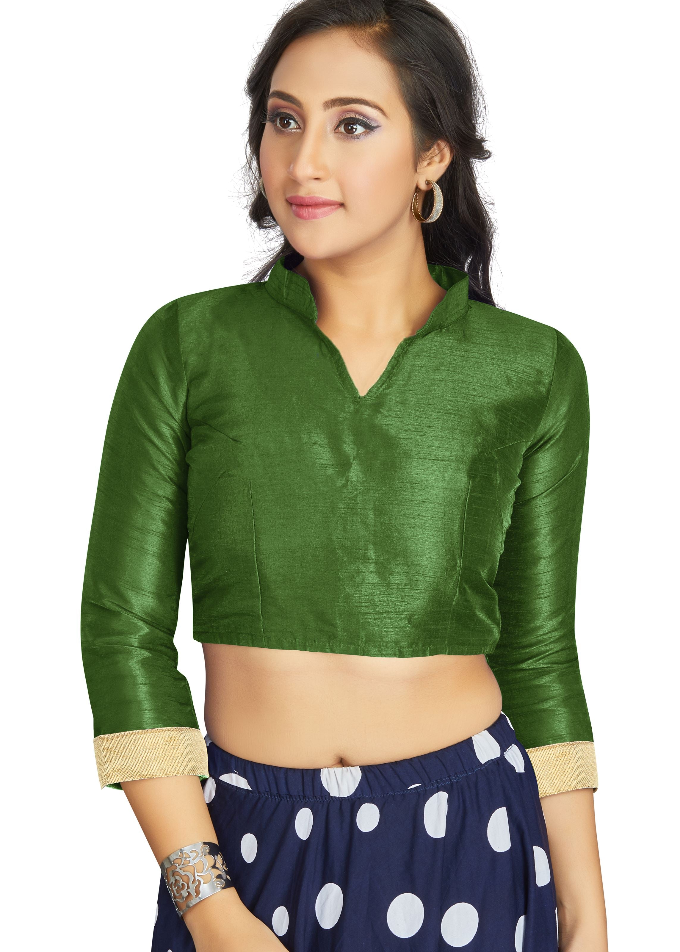 Mahendi Art Silk V Neck Chinese Collar Blouse With Matty In Sleeve