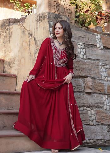 Maroon Anarkali With Heavy Sequins Multi  Beads Embroidered Work