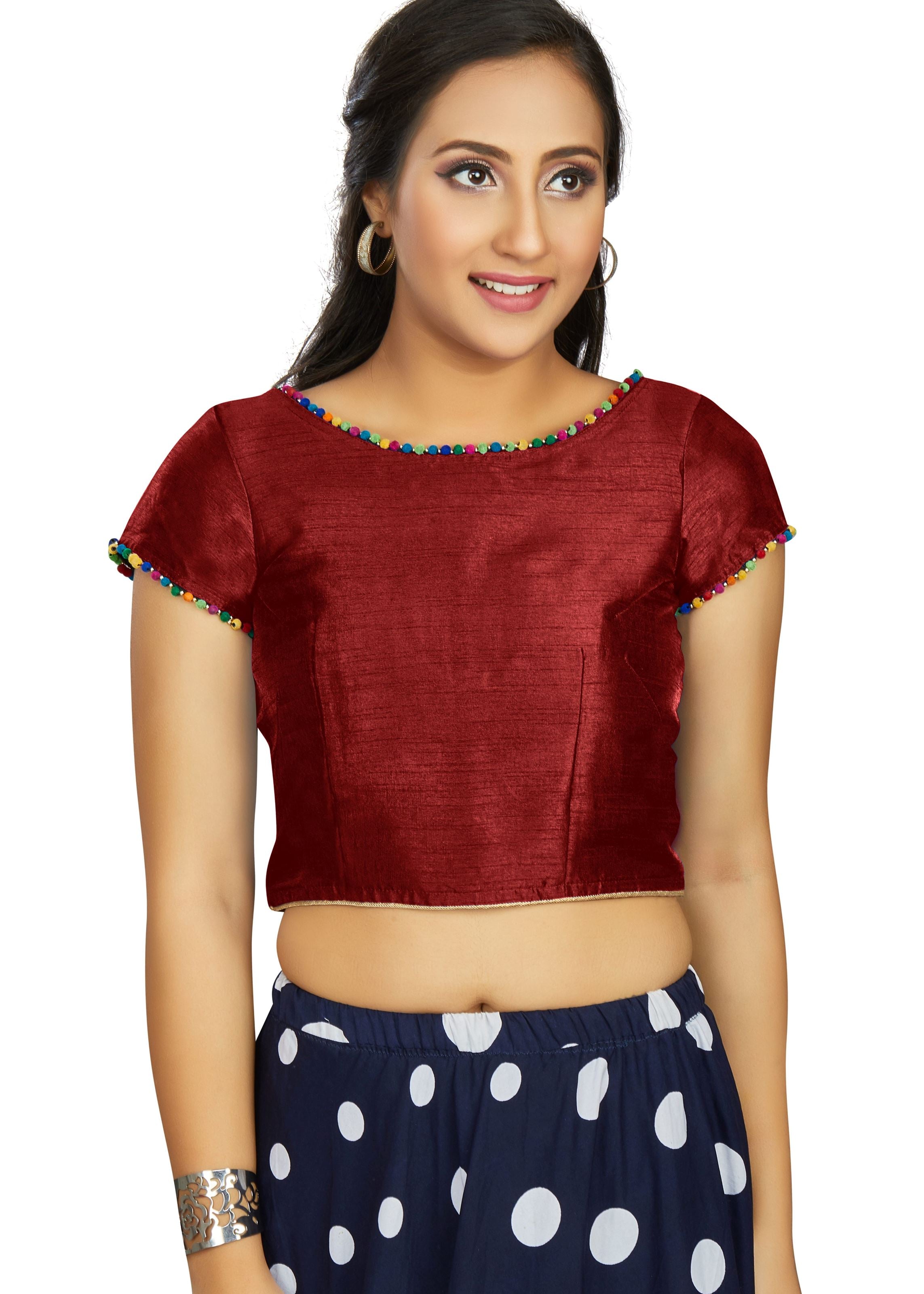 Maroon Art Silk Boat Neck Plain Blouse